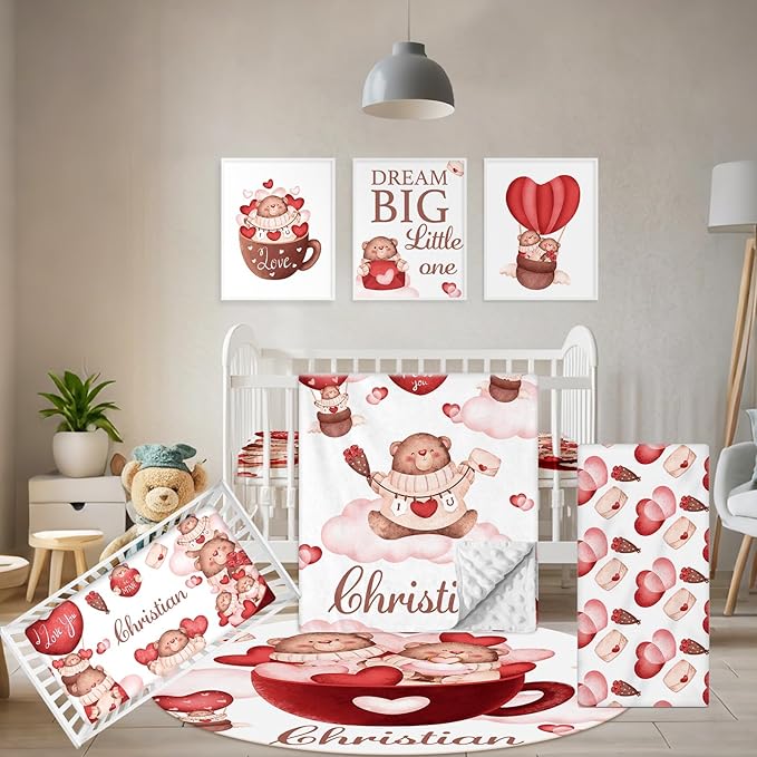Custom Crib Bedding Set – 5-Piece Personalized Name Nursery Bedding Set with Double-Layer Flannel Blanket, Heart & Bear Design for Boys & Girls, Custom Baby Gift