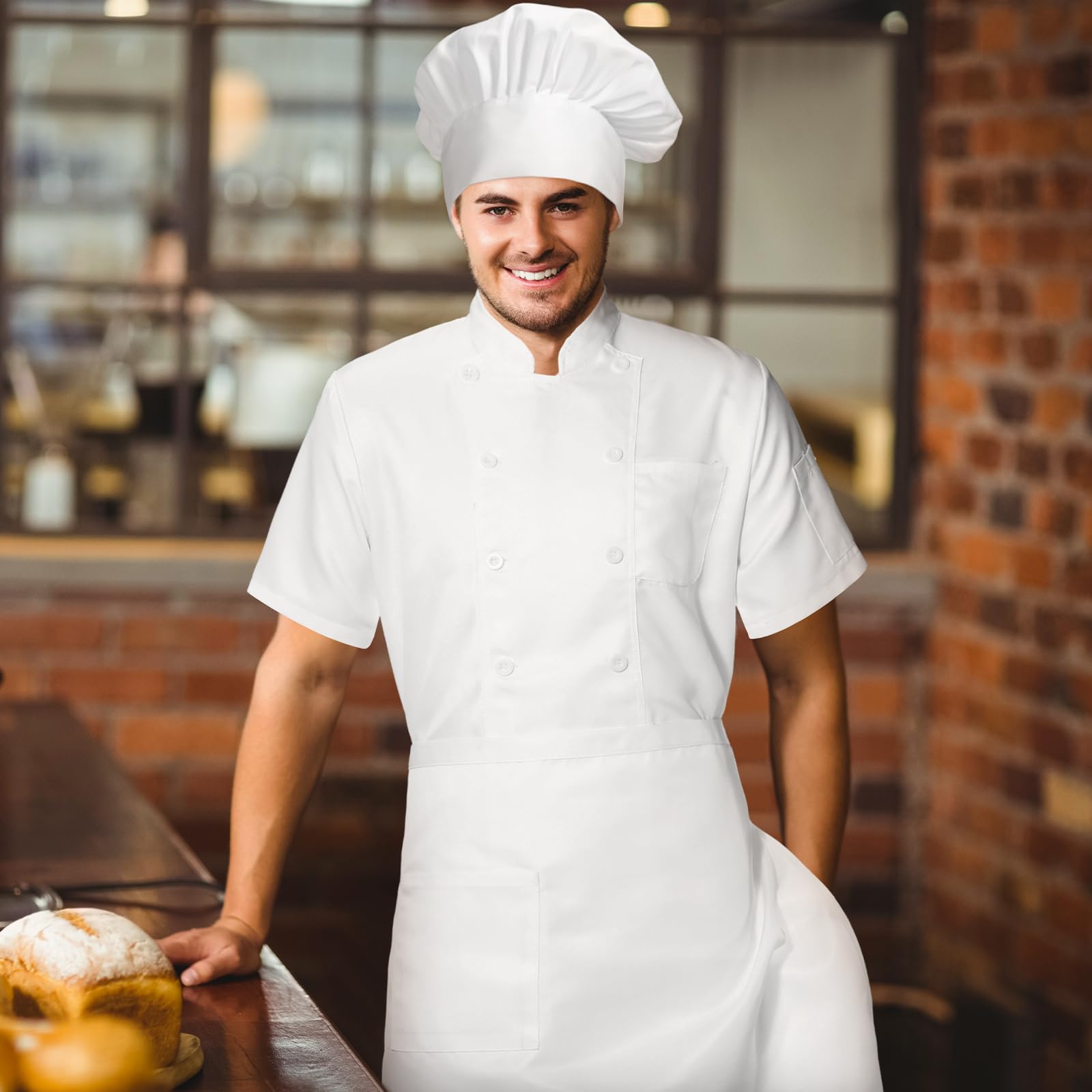 Hillban Halloween 3 Pcs Chef Unisex Costume Chef Tall Hat Coat Bistro Apron Set Chef Jacket Chef Coat Chef Apron for Man