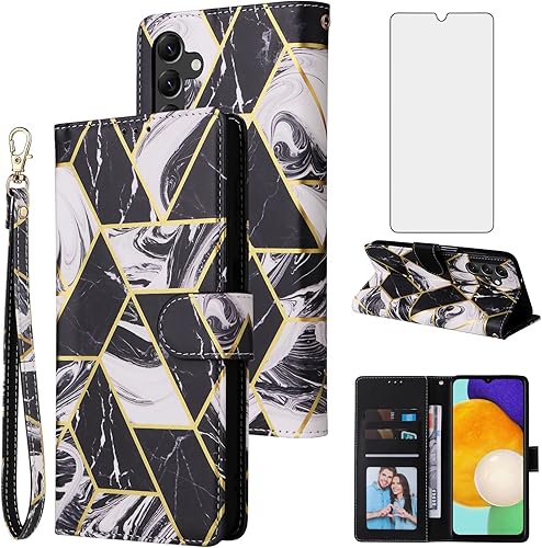Asuwish Compatible con Samsung Galaxy A14 5G - Funda tipo cartera y protector de pantalla de vidrio templado, soporte de cuero con tapa para