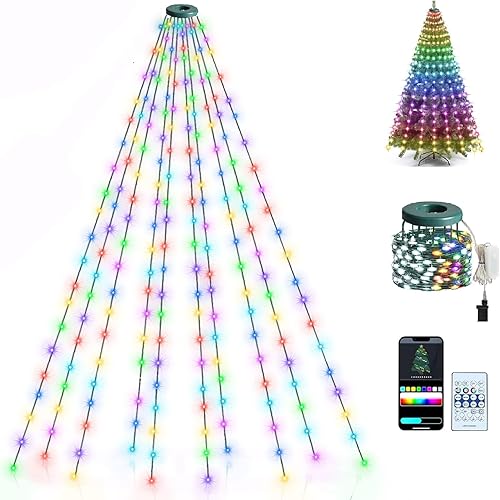 Guirnalda de luces para árbol de Navidad, 200 LED, 6.6 pies x 10 líneas, luces de cascada con control remoto y aplicación, sincronización de música
