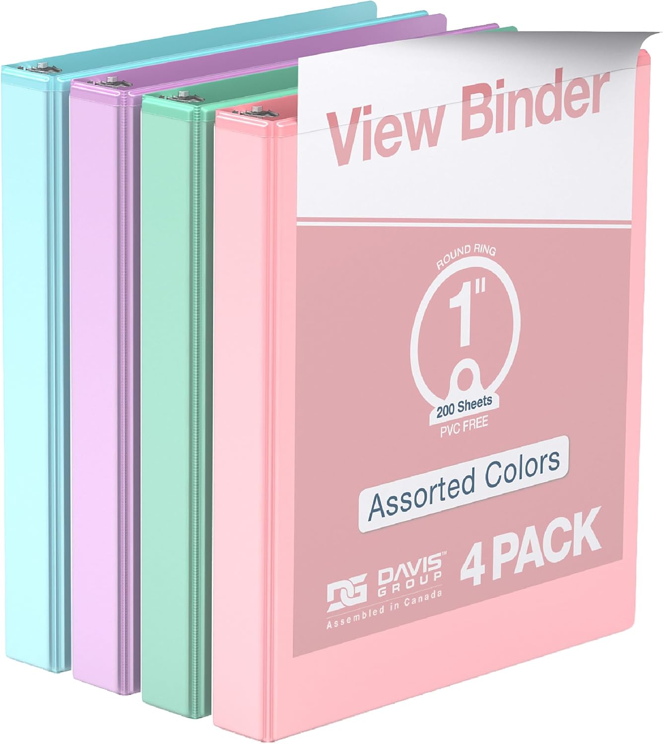 Pack of 4 Premium View Binders, Ring Binders with Clear-View Cover and Interior Pockets, Pastel Color Options, 1 Inch, Assorted - Amazon product rated Grade C