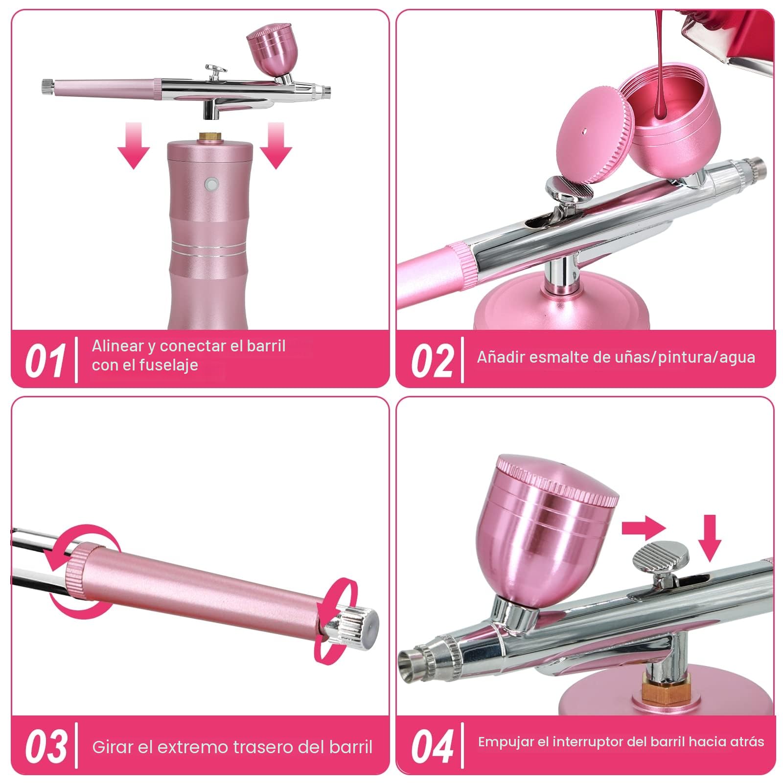 Kit de Aerógrafo con Compresor de Aire, Pistola de Cepillo de Aire Mejorada de 7.4V 34PSI Recargable Portátil Inalámbrico con Boquilla de 0,4 mm para Pintura, Arte de Uñas, Tatuaje (Rosa)