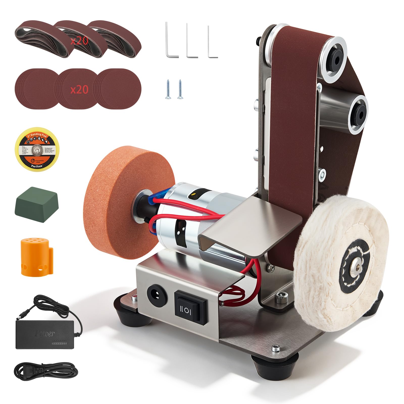Messerschleifmaschine Bandschleifer Stationär, 4-in-1 Messerschärfer & Polierer, 9000 RPM, 7-Stufen, 304 Edelstahl, Vorwärts/Rückwärts, Vibrationsschutz, Mit Zubehör-Set