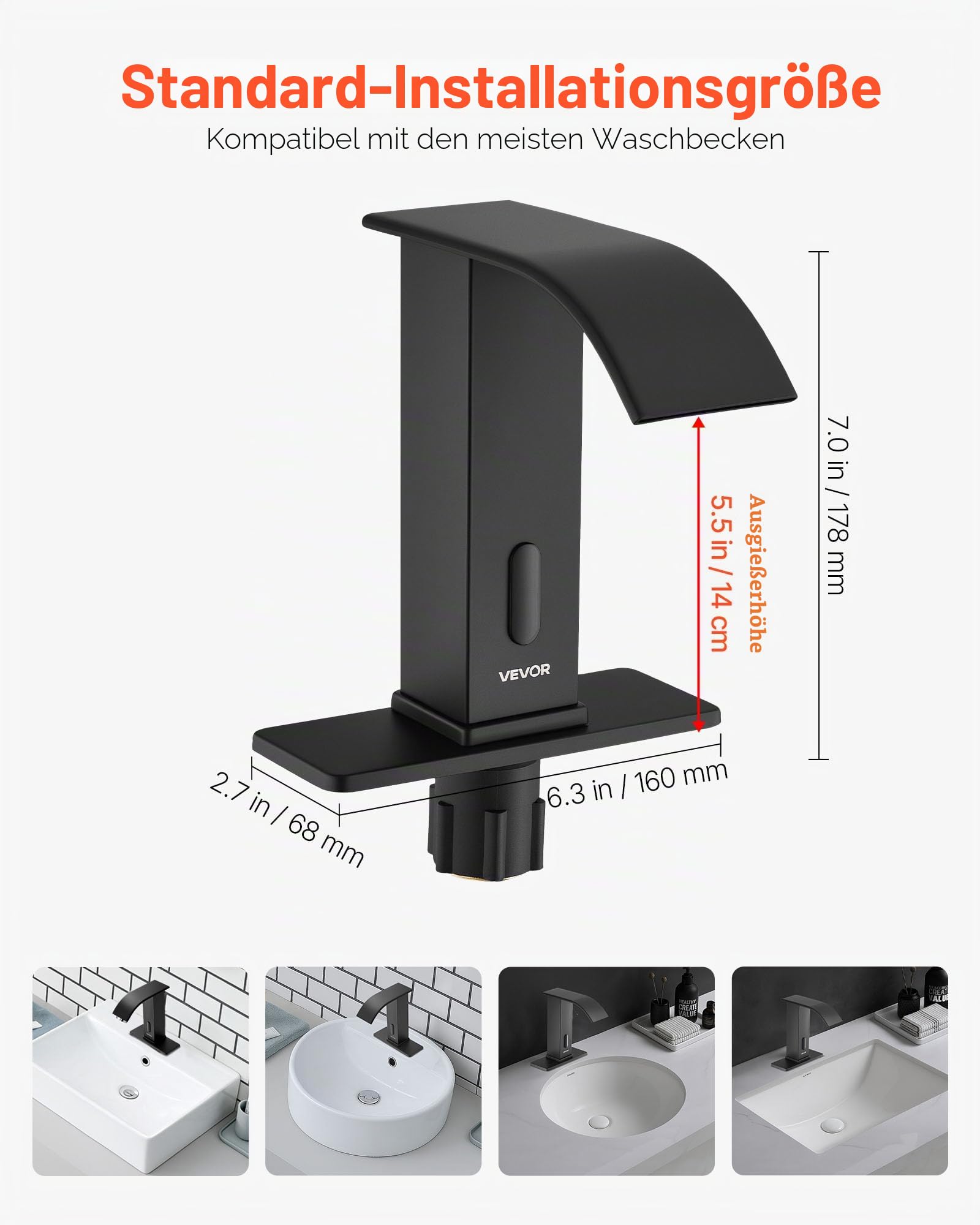 VEVOR berührungsloser Waschtischhahn (Mattschwarz) Badezimmer, automatische Waschtischarmatur mit Lochabdeckung, batteriebetriebener Wasserhahn gewerblicher Toilettenhahn, Sensorhahn mit Wasserfall