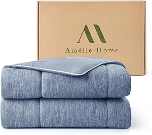 Amélie Home Cooling Comforter Queen Size, Dual-Sided Lightweight Cooling Blanket for Hot Sleepers, Q-Max 0.43 Breathable Cooling Quilt for Night Sweats, 90" x 90", Heather Denim Blue