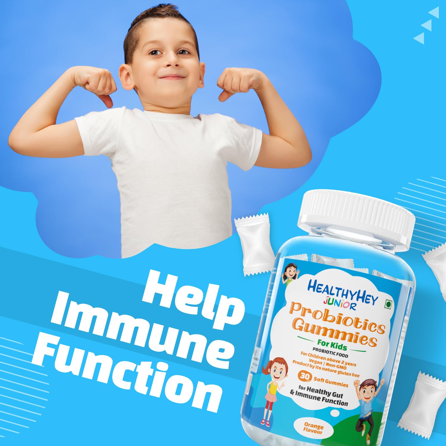 HealthyHey Junior Probiotics Gummies - for Kids - For Healthy Gut Immune Function - Orange Flavour - 30 Soft Gummies 2