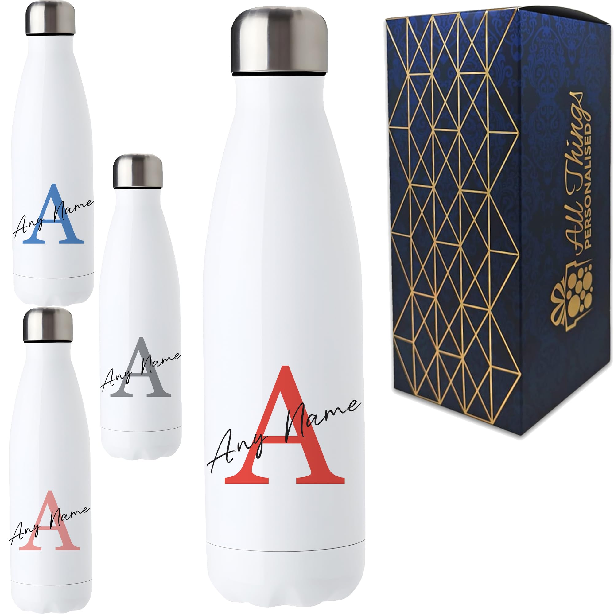 Personalisierte Wasserflasche 500 ml, individuelles Initialen- und Schriftnamen-Overlay-Design mit Farbauswahl, Edelstahl-Getränkeflasche, Geschenkbox inklusive, personalisiertes Geschenk für Kinder