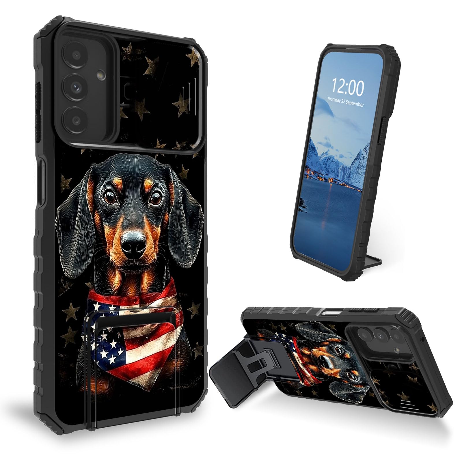 Phone Case Suitable for Samsung Galaxy A54 5G Model with a Sliding Camera Cover，Cute Dachshund Dog Wearing an American Flag Case with Built-in Stand