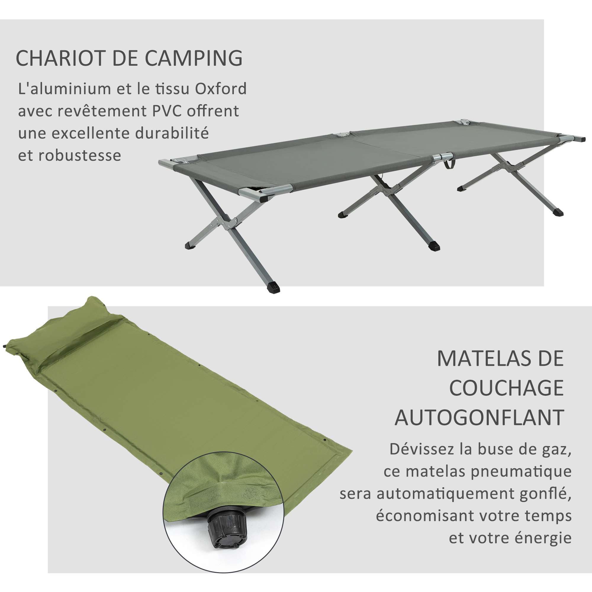 Outsunny Ensemble Tente de Camping 3 en 1 avec lit de Camp 1 Personne, Tente et 1 Matelas Gonflable - Sac de Transport Inclus - dim. 200L x 86l x 147H cm
