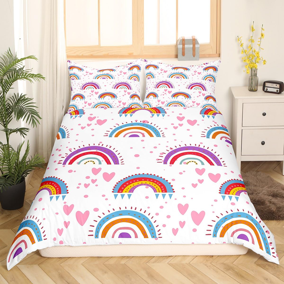 Loussiesd Juego de funda de edredón con diseño de arcoíris de dibujos animados, funda de edredón de arcoíris rosa para niños pequeños, funda de colcha colorida de arco iris, decoración de habitación