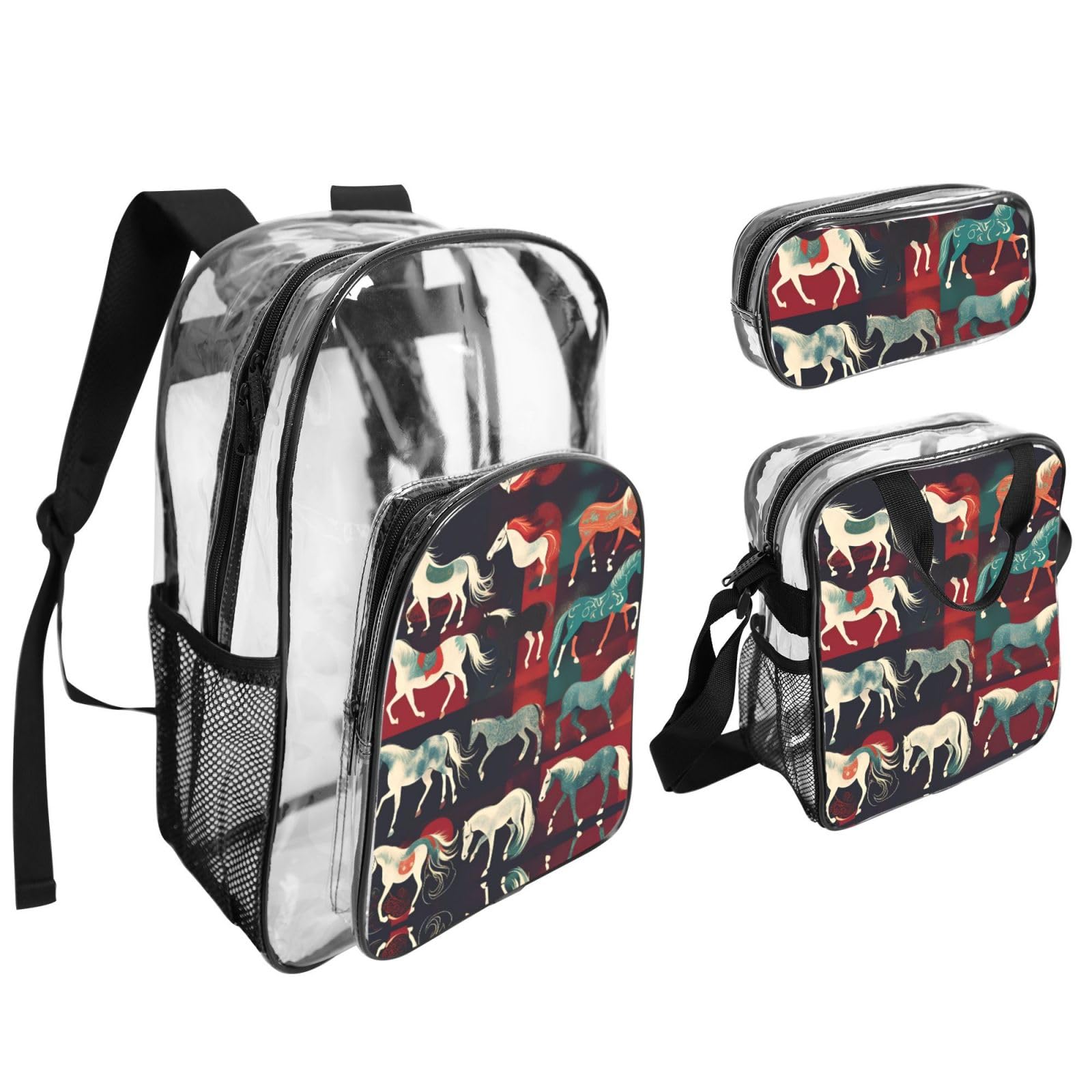 Juego de mochila estampada de varios tipos de caballos 3 en 1, juego de bolsa transparente para la escuela, trabajo, eventos en estadio y transporte diario