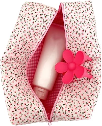 Bolsa de cosméticos Bolsa de maquillaje floral grande Bolsa acolchada Coquette Neceser de viaje, Rosa Floral