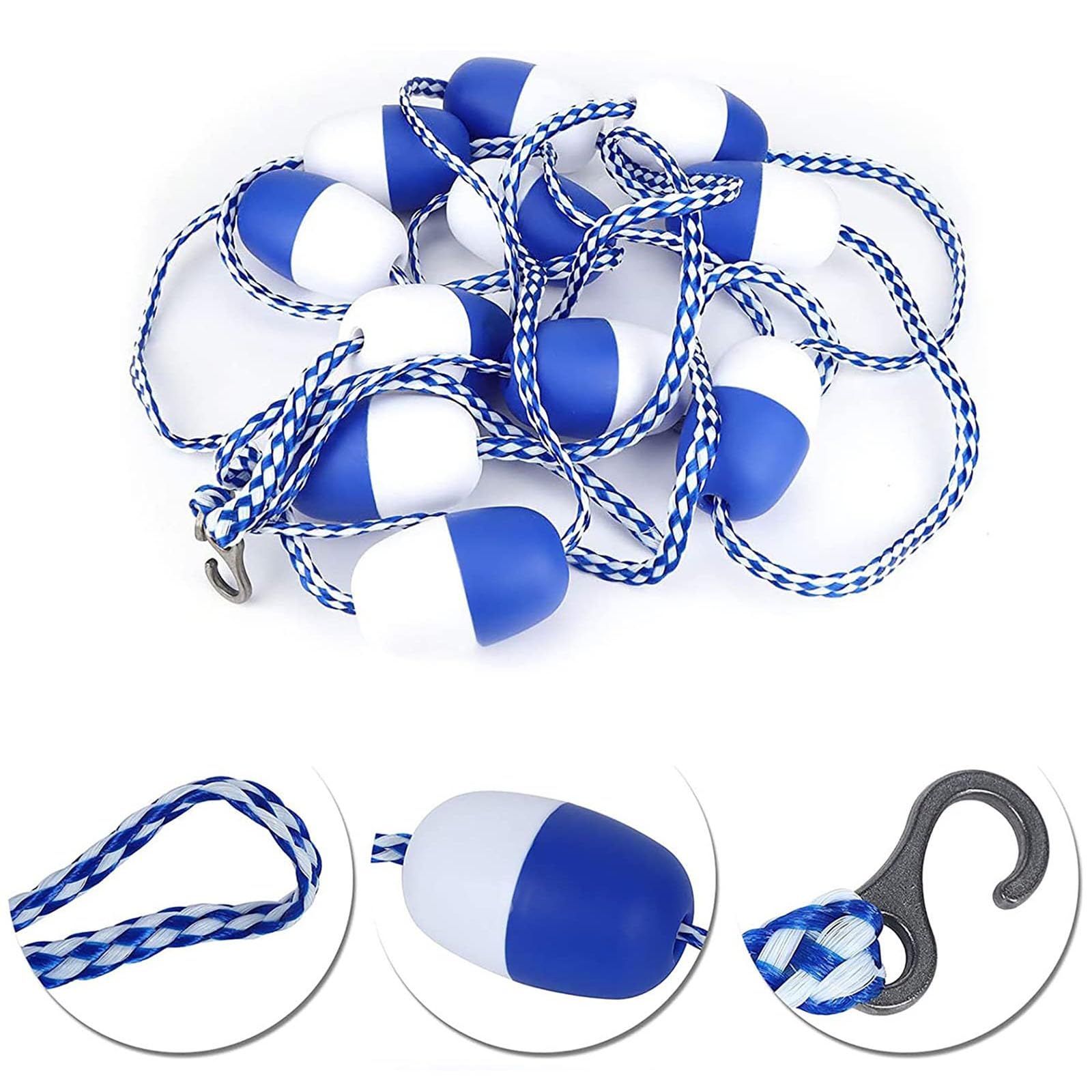 16ft Swim Pool Safety Divider Rope & Float Line Kit with 2 Pre-Assembled Hook Float Security Device Plastic Floating Buoy Line for Dividing Dangerous Areas or Swimming Lanes