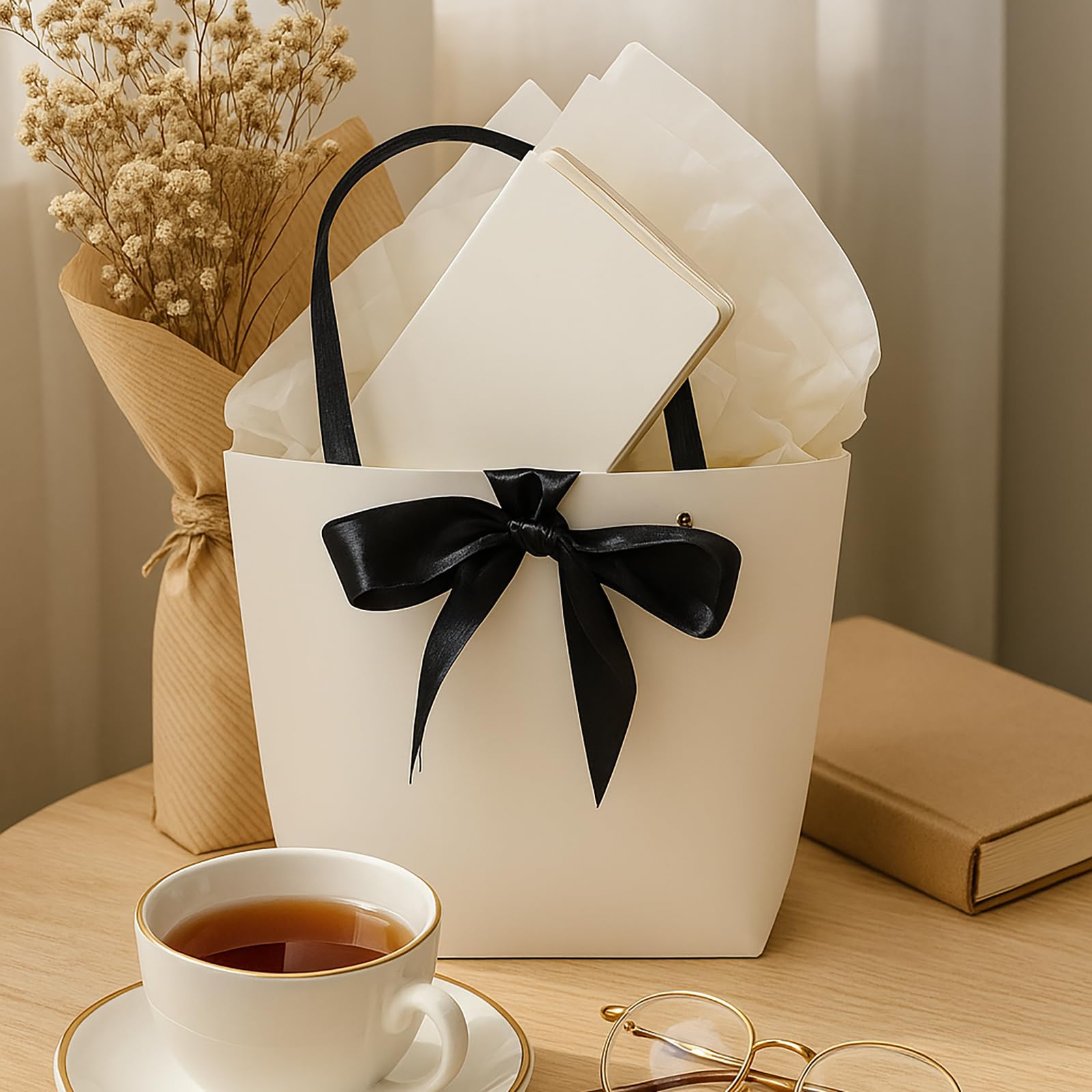 HUIYOULAI Classic White Small Gift Bag Set with Card, Tissue Paper & Ribbon Tie - 11x8x4 Premium Paper Bag for Birthday, Wedding, Bridal Shower, Luxe Favors