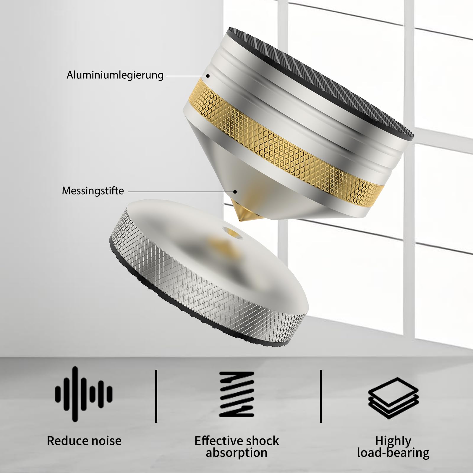 Tertullus 4 punte per altoparlante HiFi 39 x 33 mm, cuscinetti isolanti in alluminio, ammortizzatore, regolabile in altezza, per amplificatori, giradischi, dispositivi DAC – argento