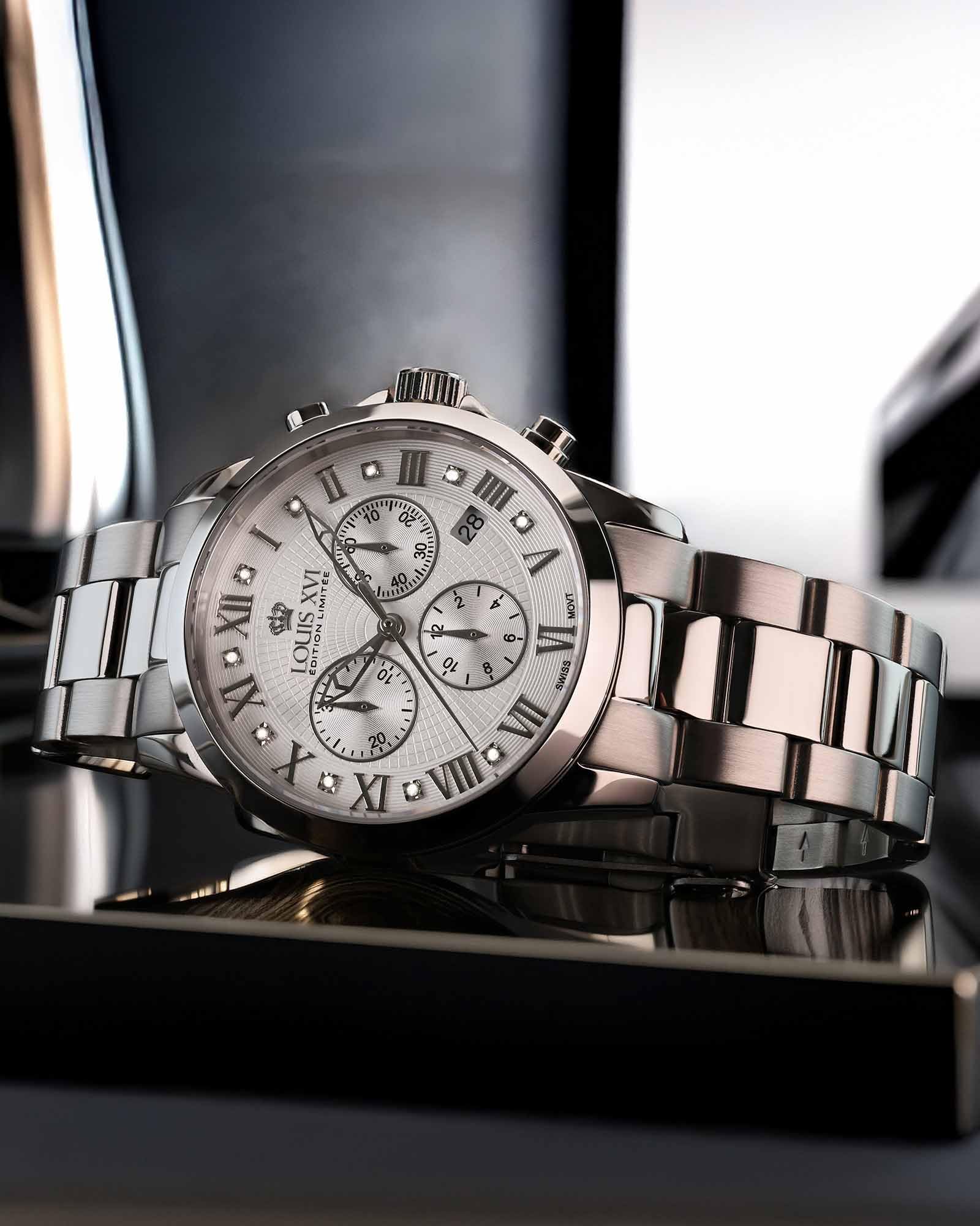LOUIS XVI Damen-Armbanduhr Athos Pour Femme Stahlband Silber Weiss echte Diamanten Chronograph Analog Quarz Edelstahl 516