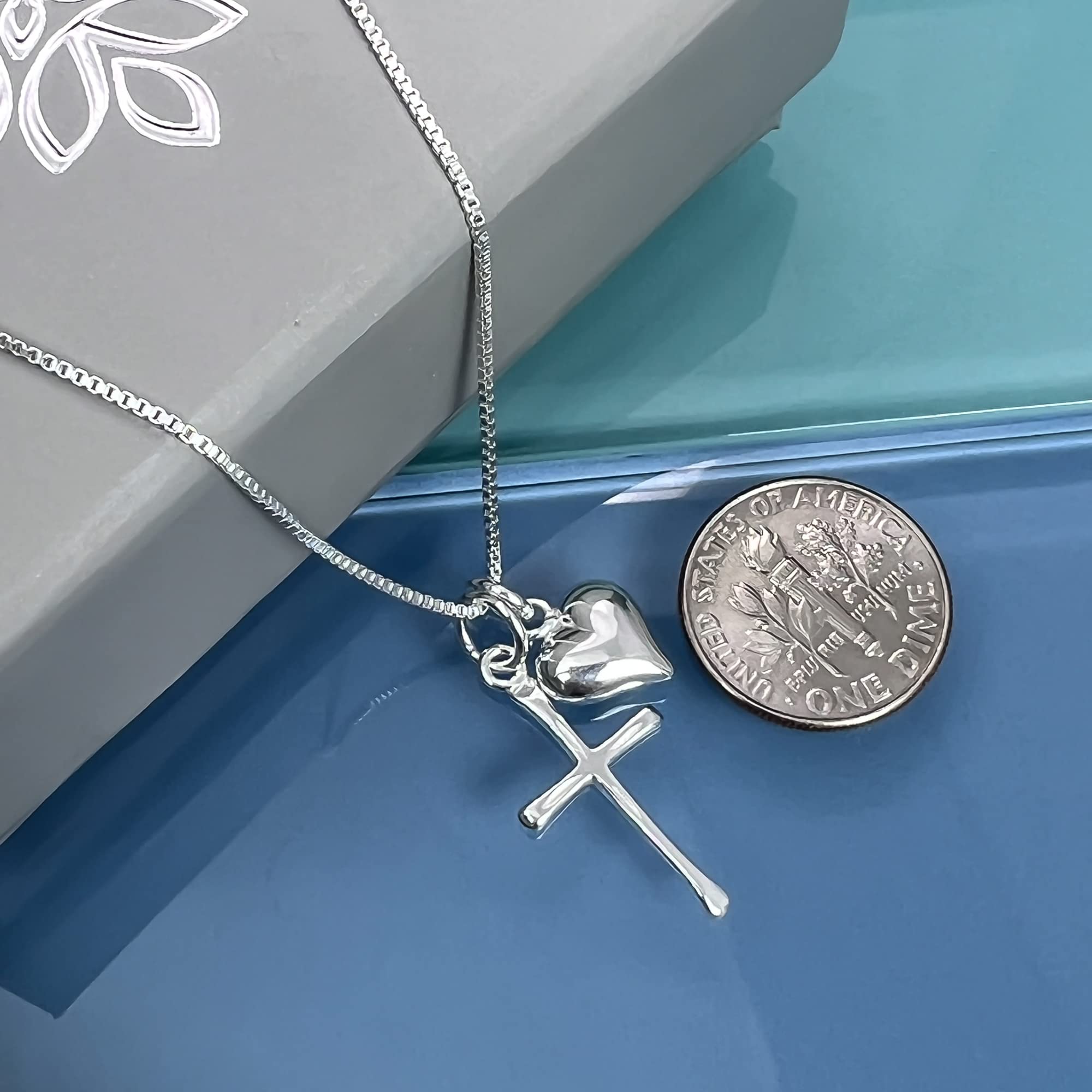 Sterling Silver Cross Necklace for Girls, Sterling Silver Cross with Puffed Heart Charm, First Communion Gift Necklace for Daughter, Goddaughter Gift Necklace