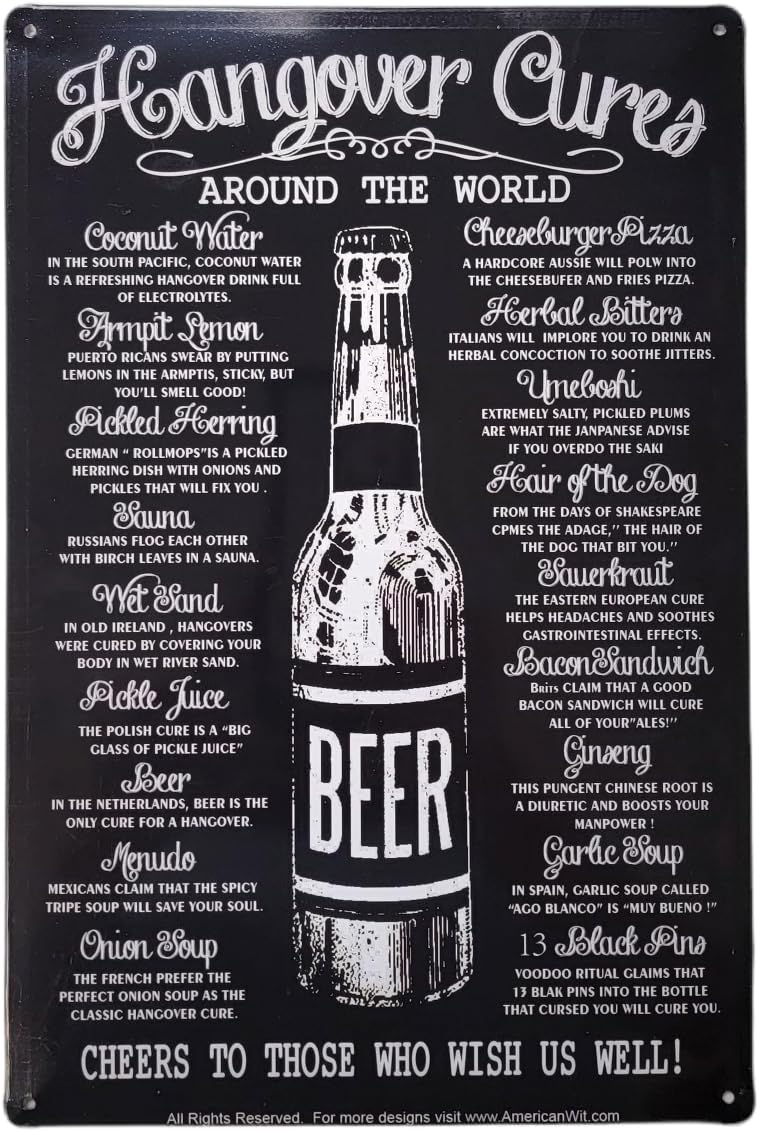 8" x 12" Metal Tin Funny Bar Sign Wall Decor Plaque Poster – “Hangover, Cheers to Those Who Wish Us Well” – Rustic Vintage Decor for Bar, Man Cave, Kitchen, Pub