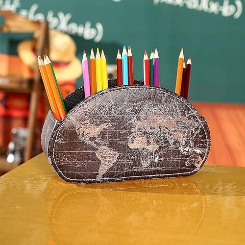 Miniatura 6 de Juego de 2 soportes para lápices de piel sintética con patrón de mapa del mundo negro, organizador de escritorio, soporte para brochas de