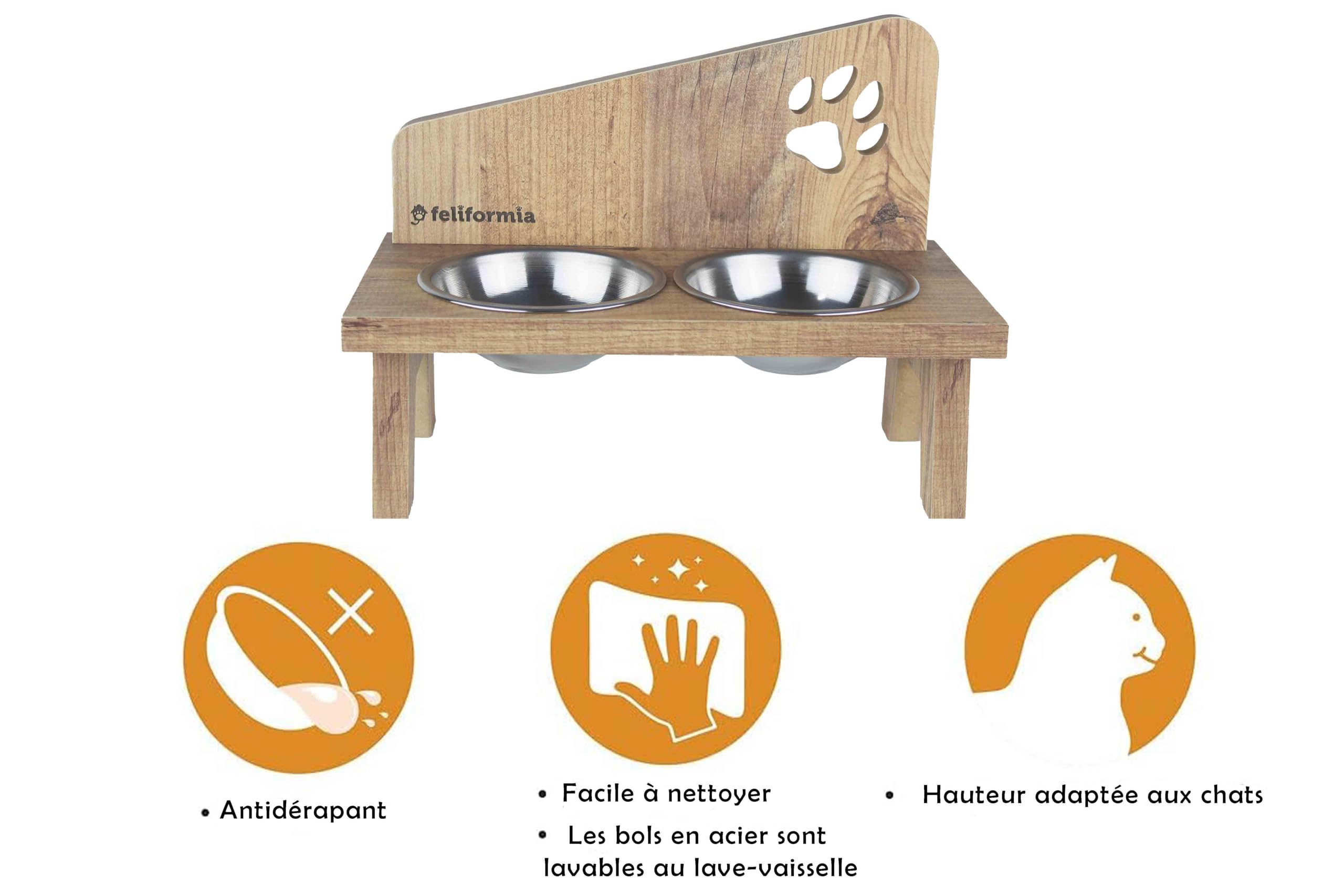 Feliformia® Gamelle pour Chat 600ml Support en Bois avec Deux Bols Surélevée en Acier Inoxydable