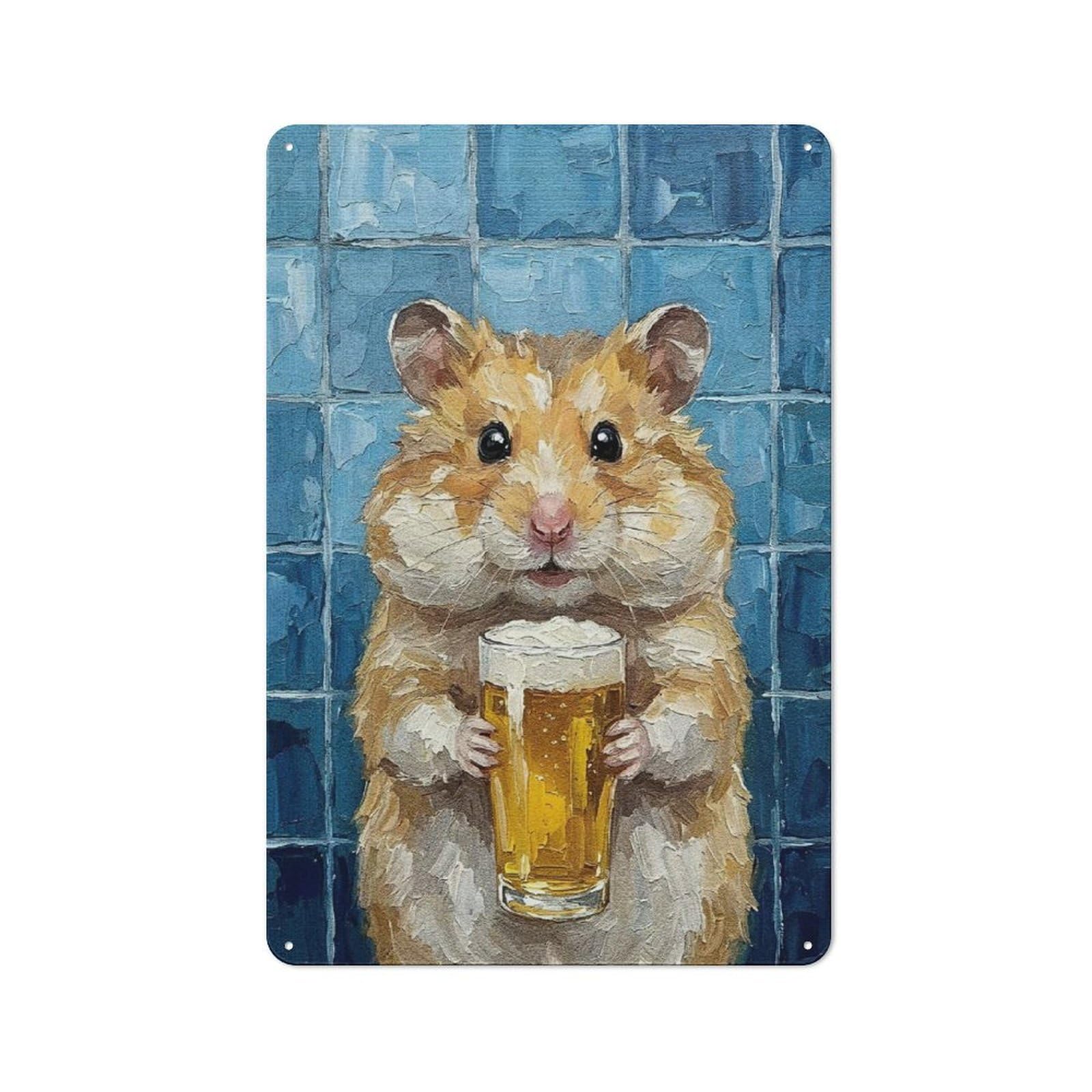 Junmoney Style-9 Hamster With Beer Painting Metal Wall Plaque 30X20cm, Vintage Nostalgic Wall Art For Bedroom, Office, Home Bar Or Dining Room