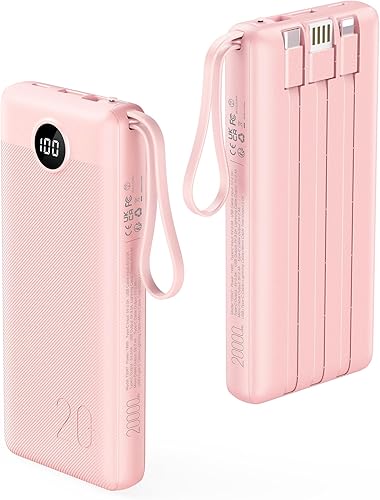 VRURC Cargador portátil, cargador de batería de 20000 mAh, carga rápida, micro y USB C integrado, tres cables, 4 salidas y 2 entradas con pantalla