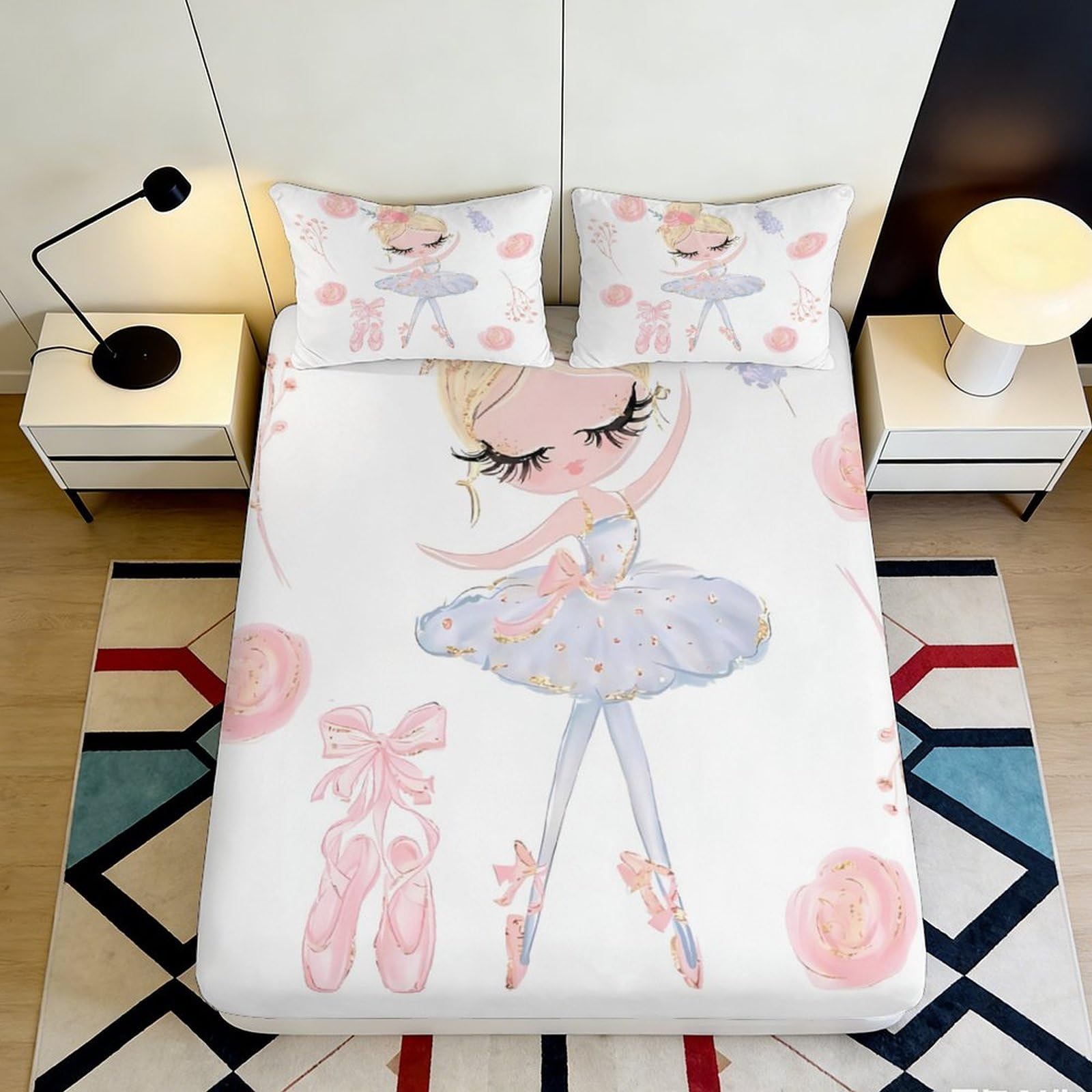 3D Printed Ballerina Girl Fitted Sheet Microfiber Soft Pink Ballet Shoes Mattress Cover for Bedroom Dorm Decor 120x200cm 160x200x25cm