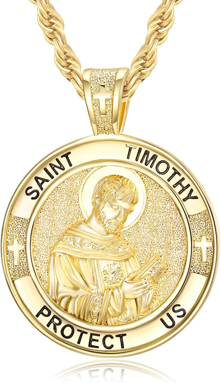 Patron Saint Medals, 14K Gold Protection Jewelry, Christmas Catholic Christian Religious Gifts for Men with 22"+2" Rope Chain