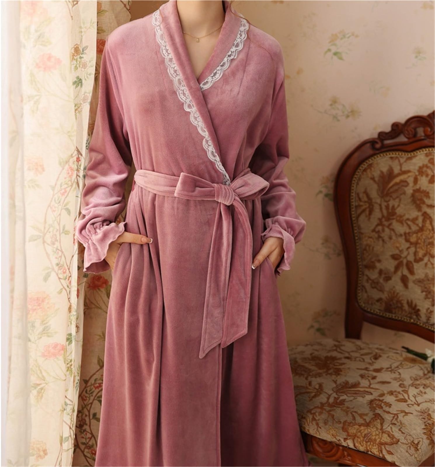 Albornoz Ducha Bata con Volantes For Mujer, Albornoz Largo Suave De Felpa, Lana Cálida, Camisón For Niñas Accappatoio para Viajes(Purple,Large)