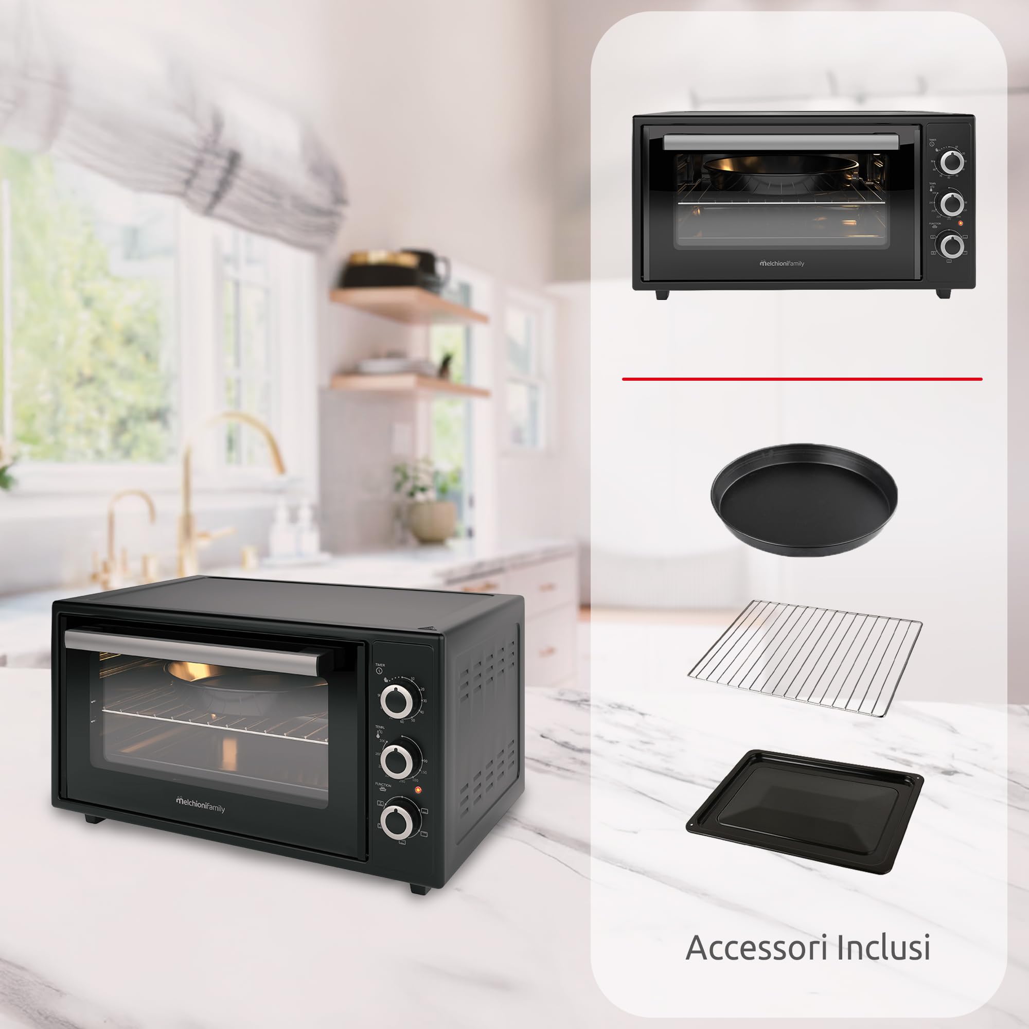 Melchioni Family Forno Elettrico 45 Litri - Alta Temperatura 300°C - Timer 60 Minuti - Luce Interna - Funzione Ventilata per Cottura Uniforme - Ideale per Pizza e Arrosti - 2000W - Nero