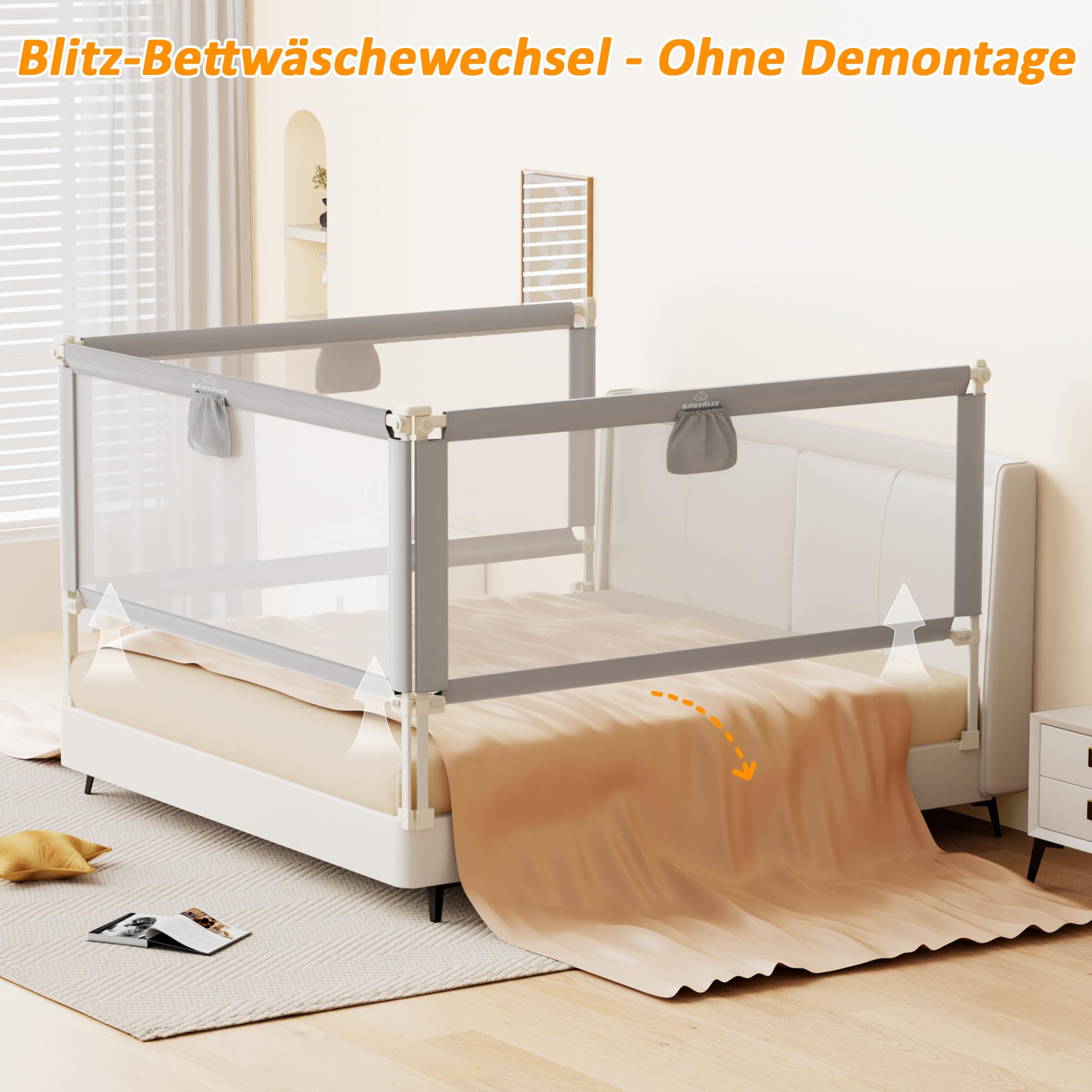 Bettgitter für Kleinkinder, 200cm Bettschutzgitter Kinderbettgitter für Kinder Babybettgitter Klappbar, Kinderbett Kinderbettschutzgitter Rausfallschutz Bett, 5 Minuten schnelle Installation