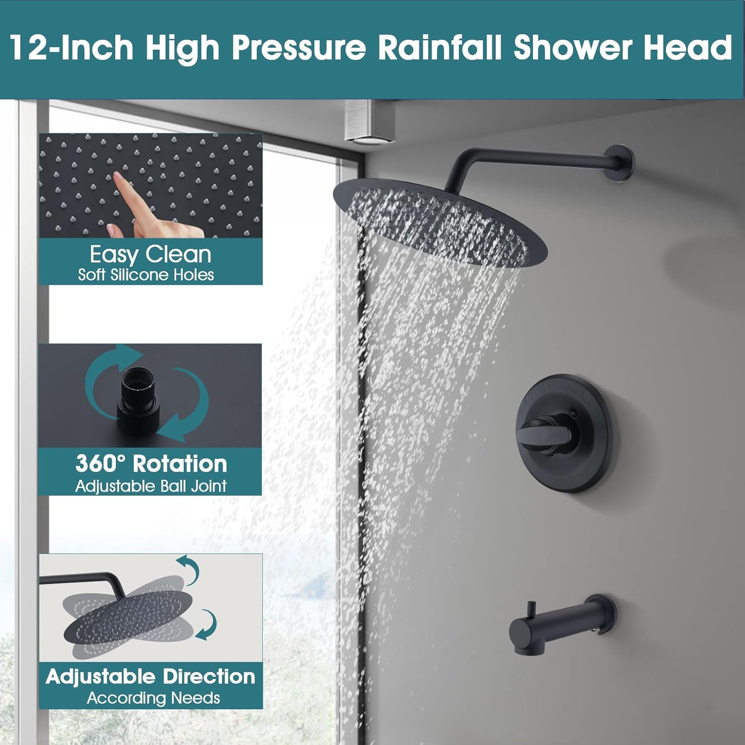 Replacement Faucet Shower Trim Kit for Delta 1300/1400 & 13/14 Series, Tub Shower Faucet Set, High Pressure 12" Round Rain Shower Head - Matte Black (Valve/Cartridge Not Included)