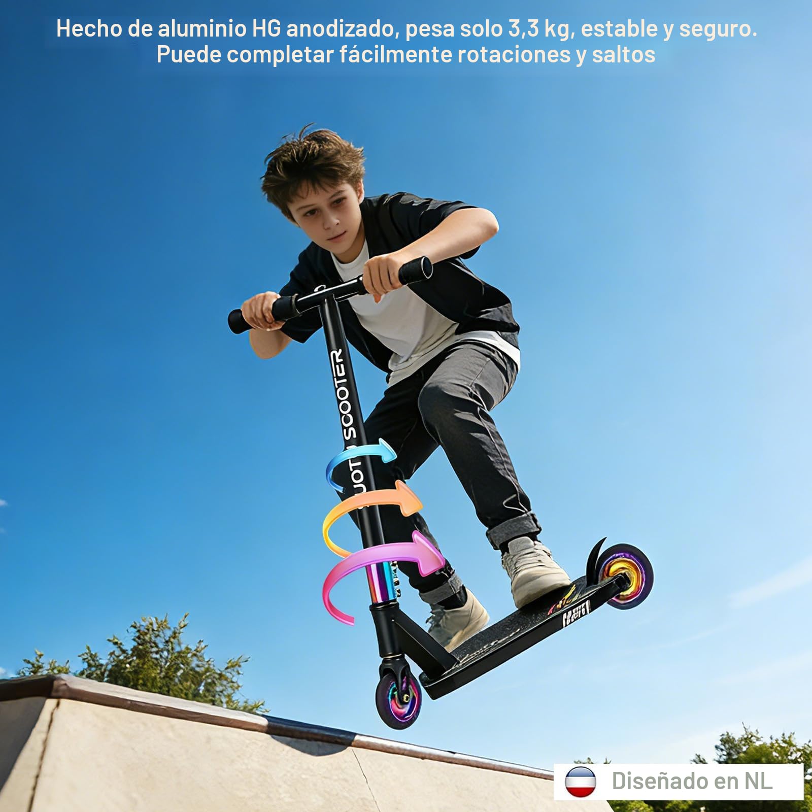 Patinete Freestyle, Dirección de 360°, Ruedas de PU de 85A 100 mm, Scooter Freestyle para Niños Adolescente y Adultos, Capacidad Máxima de Carga: 100 kg, Aluminio (Negro– Arcoíris)