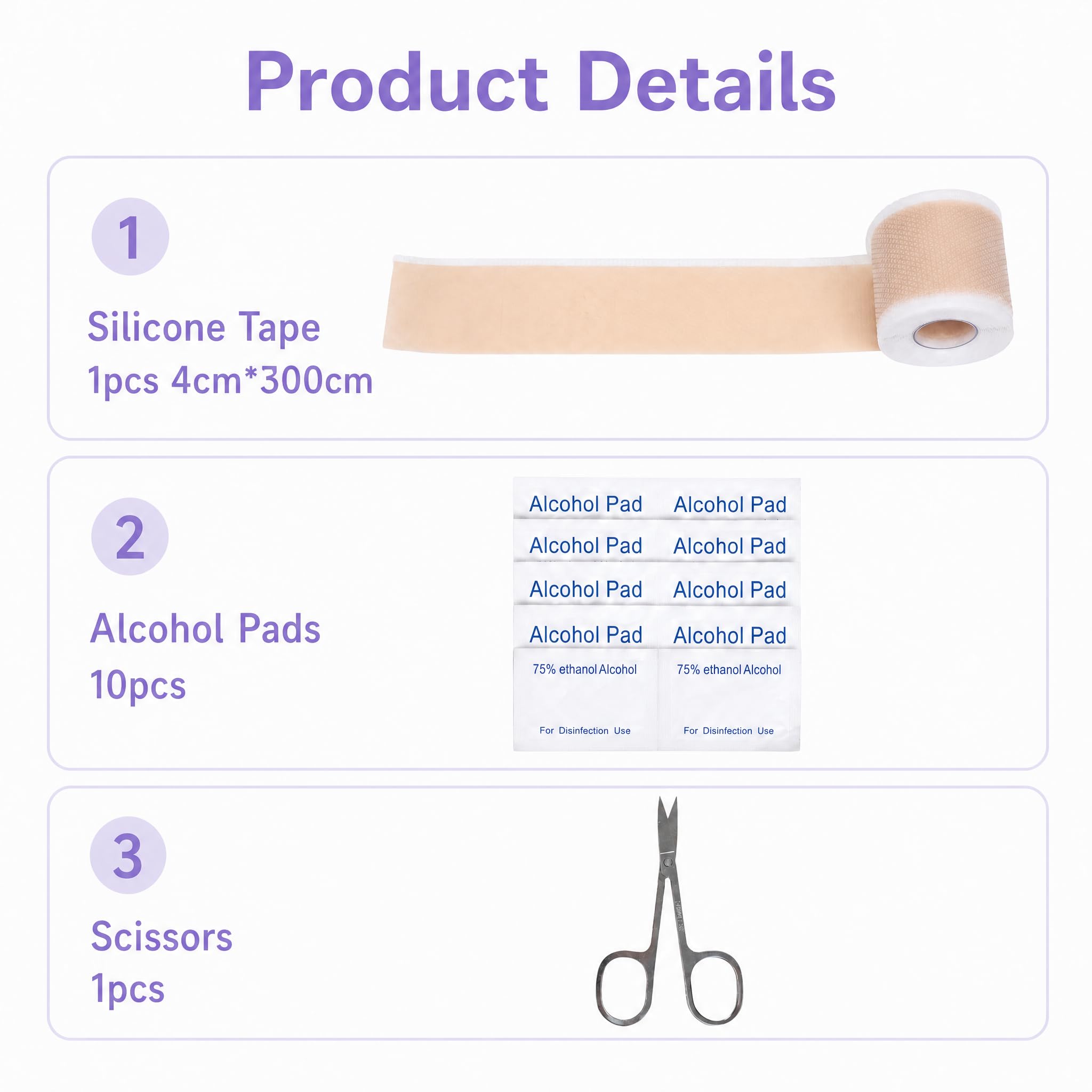 Silikon Narbenpflaster 300 cm x 4 cm mit 10 Alkoholtupfer & 1 Schere, Vorgeschnittenes 5cm Easy-Tear Silicone Scar Tape, Silikonpflaster für Narben, Wiederverwendbar Wasserdicht Narbenroller