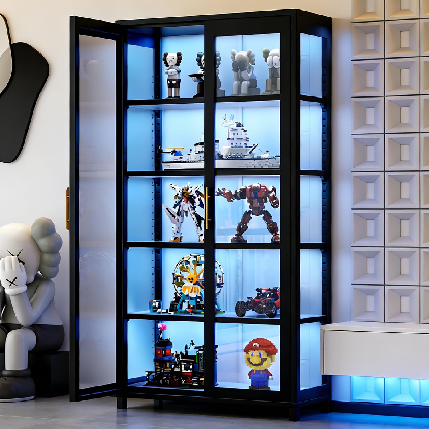 Display Cabinet with Glass Doors, 5-Tier Curio Cabinet with 4 Adjustable Shelves for Collectibles Toy Organizers Rack & Display Shelf, Kids Bookcase