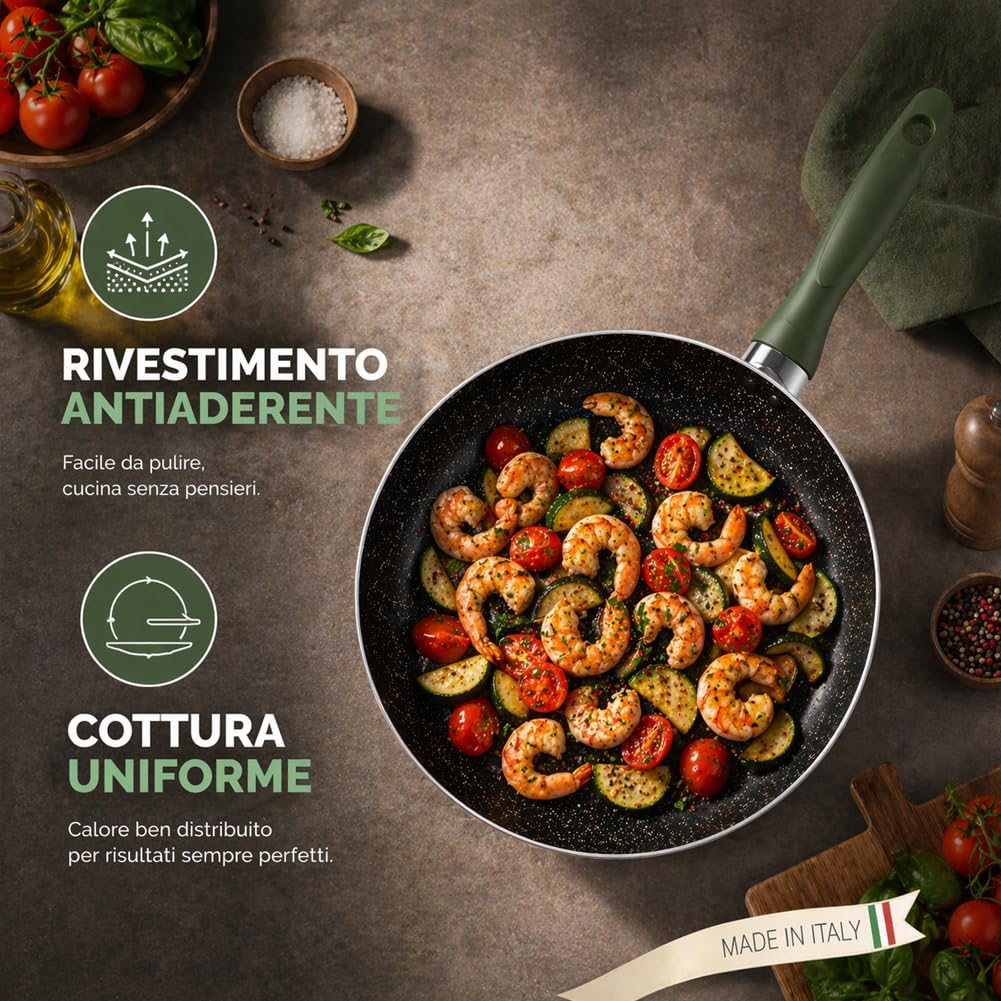 BAKAJI Tris Padelle Natura Più Antiaderenti Diametro 20/24/28 cm con Manico Cool Touch e Rivestimento Antiaderente Senza Grassi, Cottura Omogenea, Ideale per Carne, Pesce, Pasta
