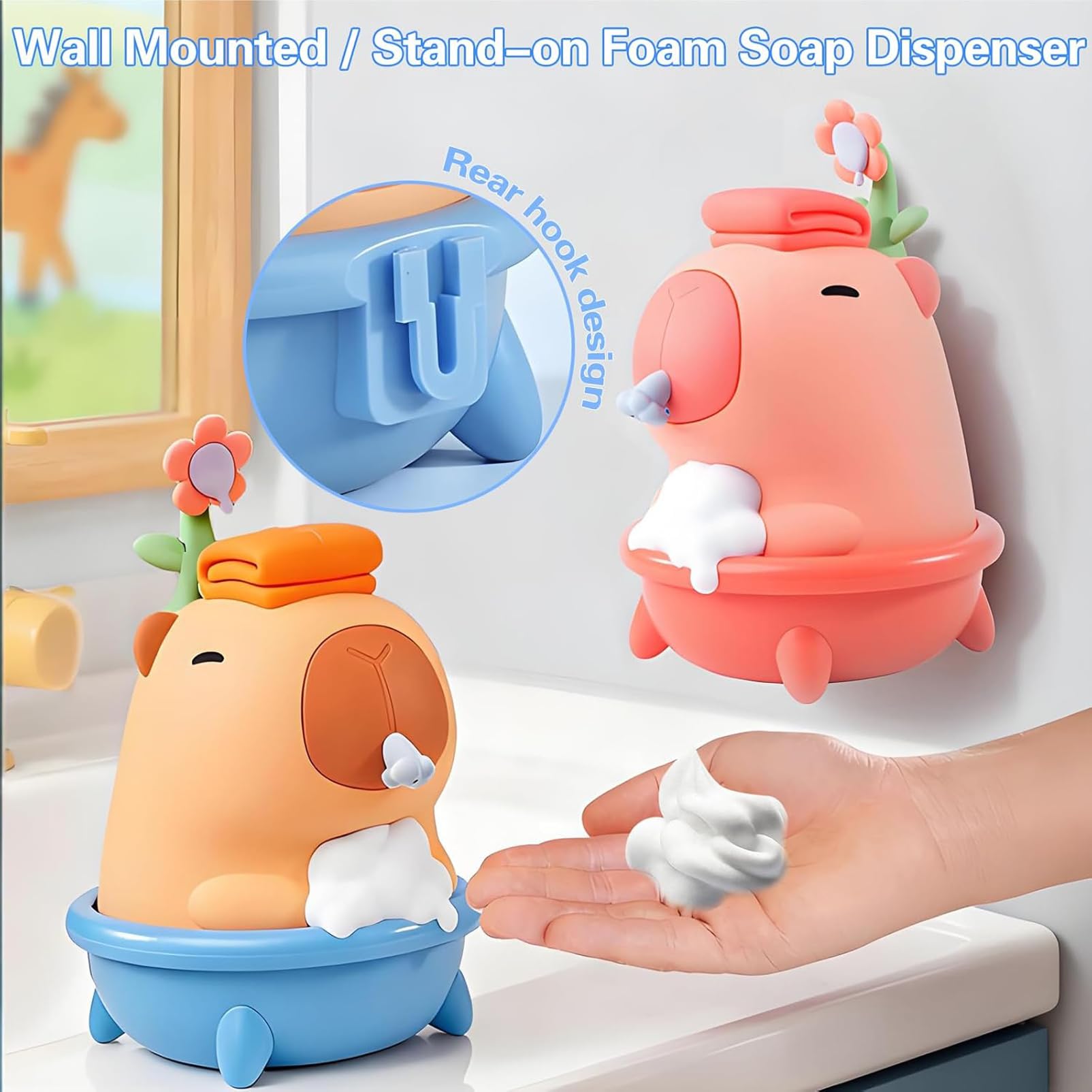Capybara Automatischer Schaumseifenspender, berührungslos, wiederaufladbar, Wandhalterung und Arbeitsplatte, niedliche Tierseifenpumpe für Badezimmer, Küche, Kinderzimmer, Blau