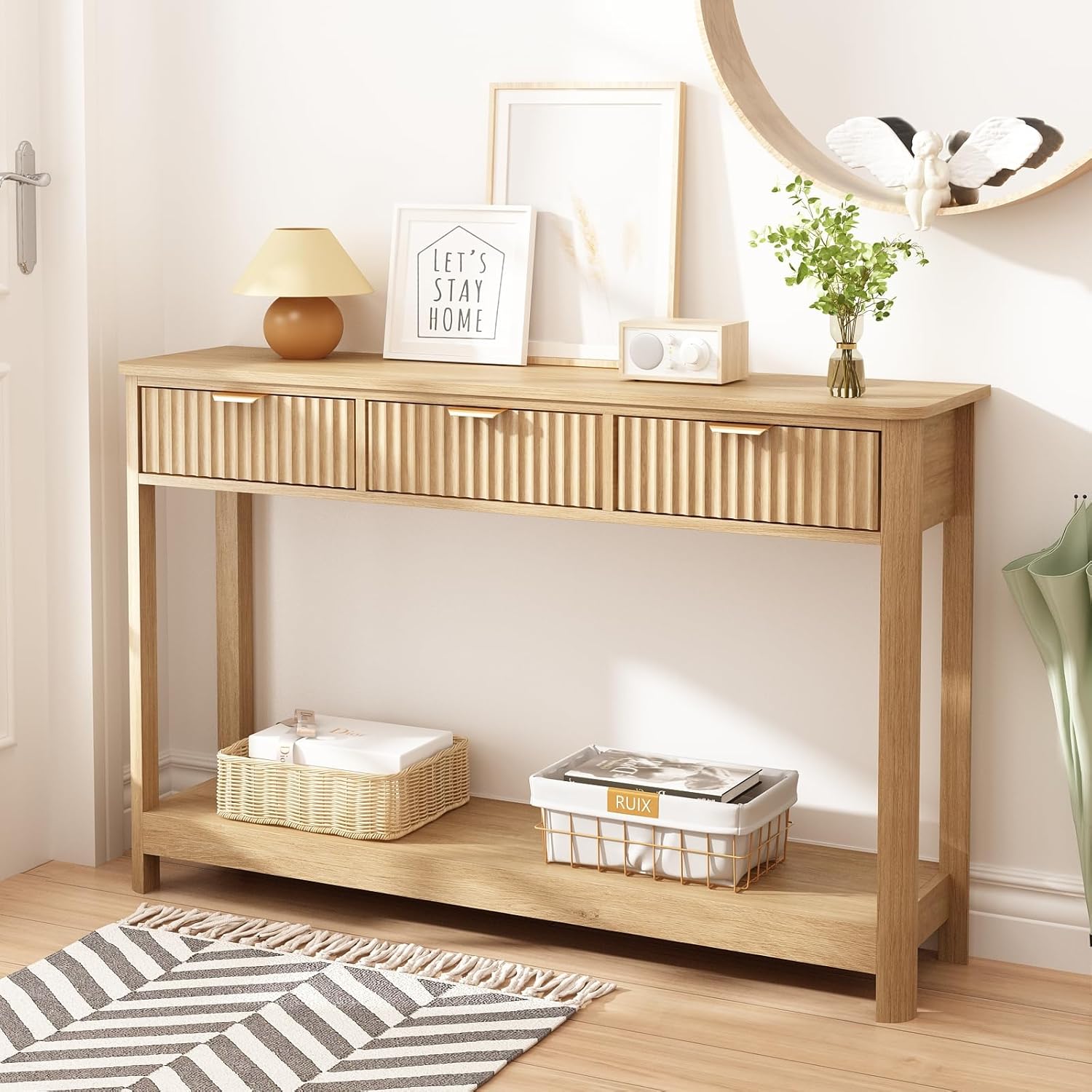 Fluted Console Table with Drawers, Modern 47.1" Entryway Table with Storage Shelf, Boho Narrow Skinny Behind Couch Wood Sofa Table for Living Room Hallway Entrance Foyer, Natural 1 Pack Natural