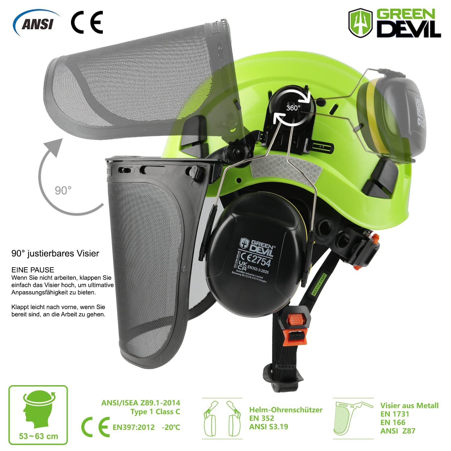 GREEN DEVIL Casco protettivo per motosega, protezione forestale, casco di sicurezza con protezione dell'udito, paraorecchie e visiera, 3 in 1, set di casco, resistente agli urti, comoda ventilazione
