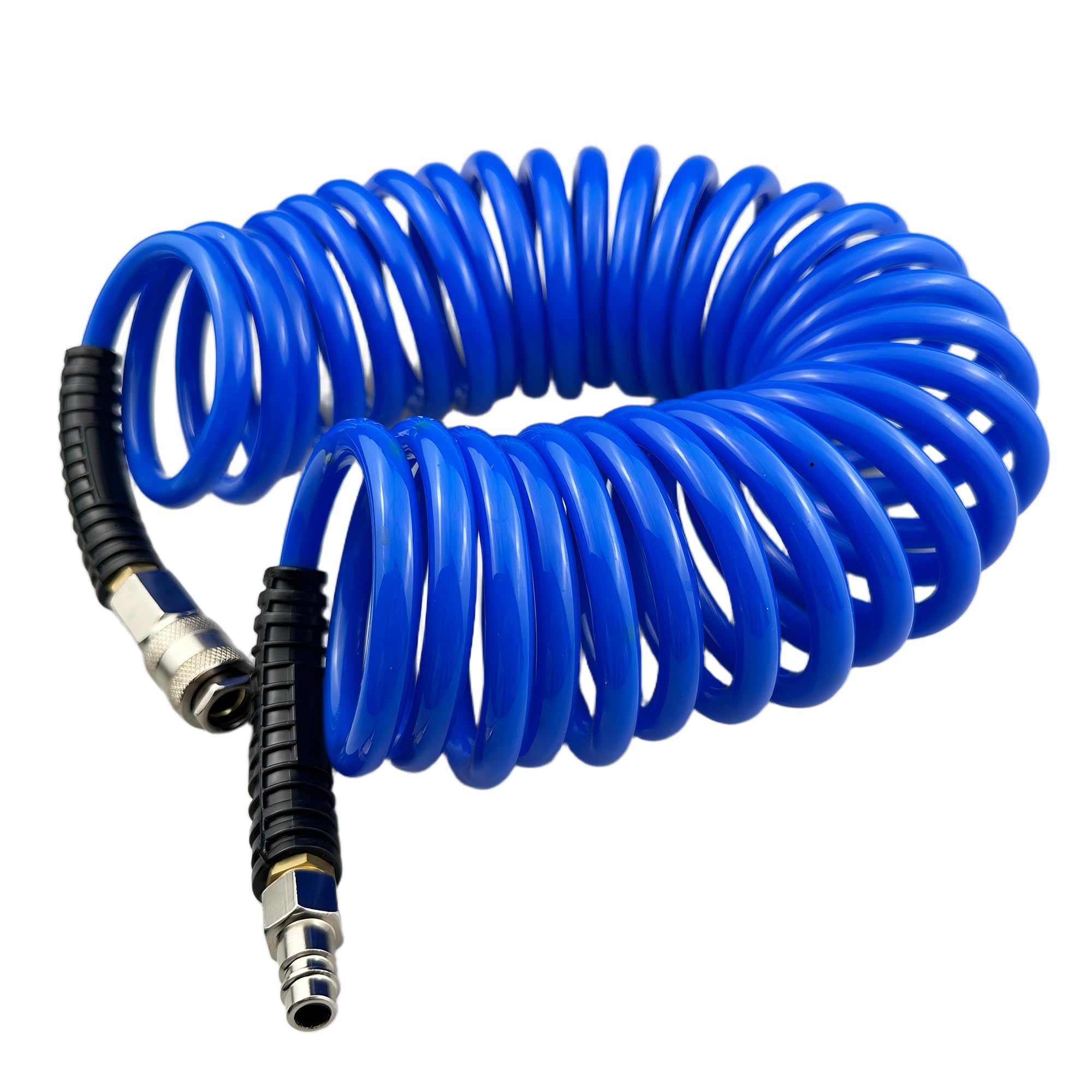 Darnassus Polyurethane Recoil Air Hose, 6 mm Inner Diameter, 7.5 m Blue with Bend Restrictor and Industrial Quick Coupler and Plug