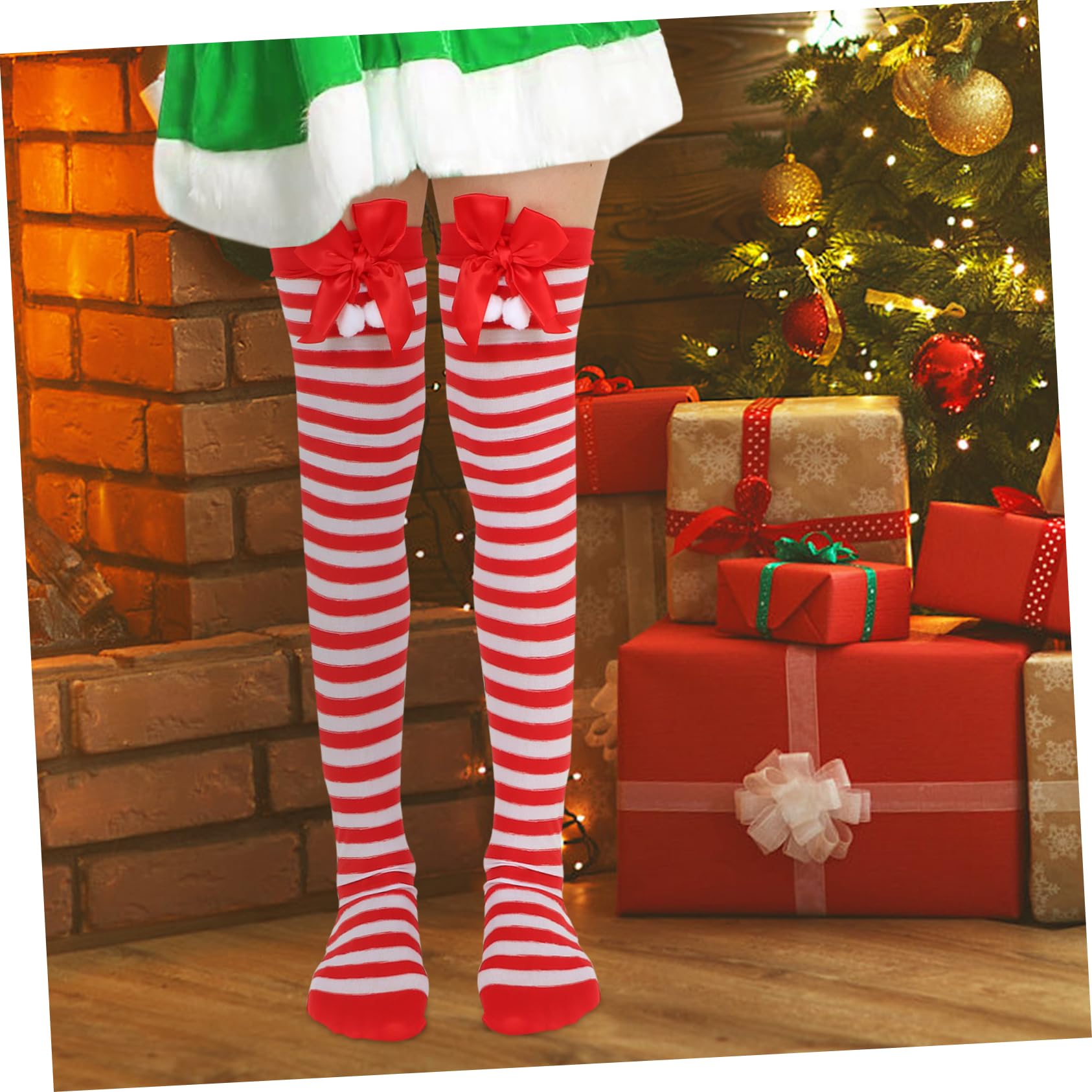 Holibanna Chaussettes de et Chaleureuses avec Nœud Créatif Chaussettes Longues Rayées Rouge et Blanc pour