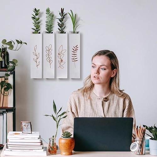 Vista 16 de Paquete de 4 macetas de pared de madera para interiores, decoración de pared moderna y bohemia para sala de estar, dormitorio, jarrones de bolsillo