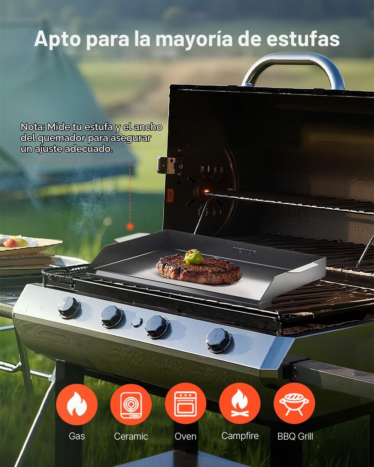 VEVOR Parrilla Duradera de Acero al Carbono Universal Rectangular de 502 x 370 mm con Superficie Plana, Plancha de Gas para Barbacoa, Utensilios de Cocina Familiares Portátiles con asa, Negro