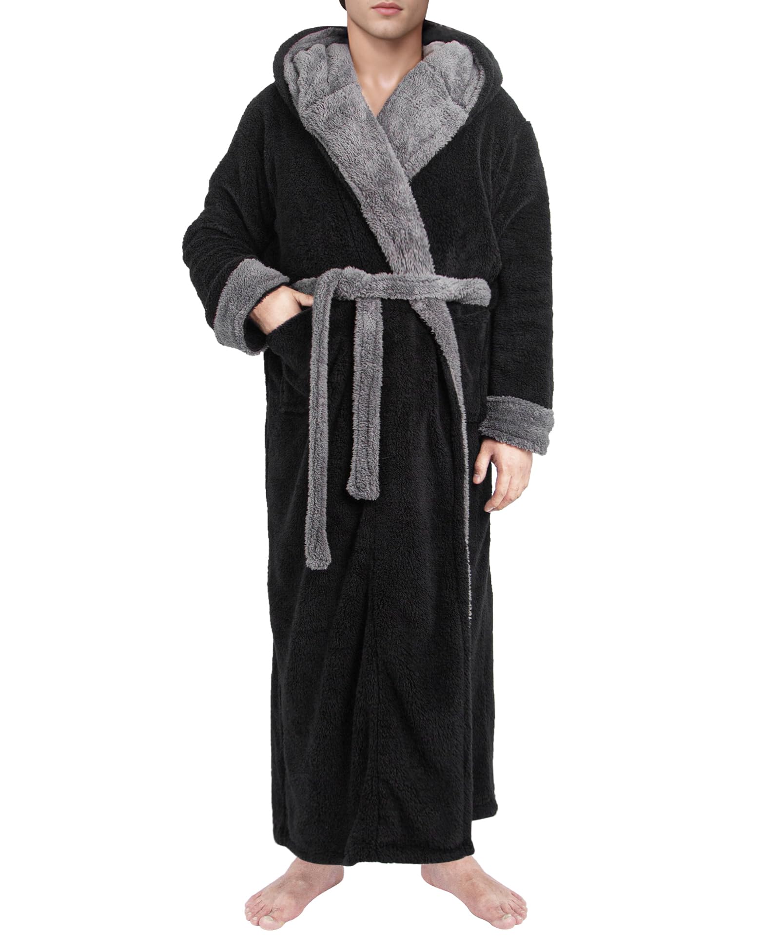 Yoimira Mens Robe with Hood, Big and Tall Plush Fleece Long Robe for Men Full-Length Bathrobe Cozy and Warm With Pockets