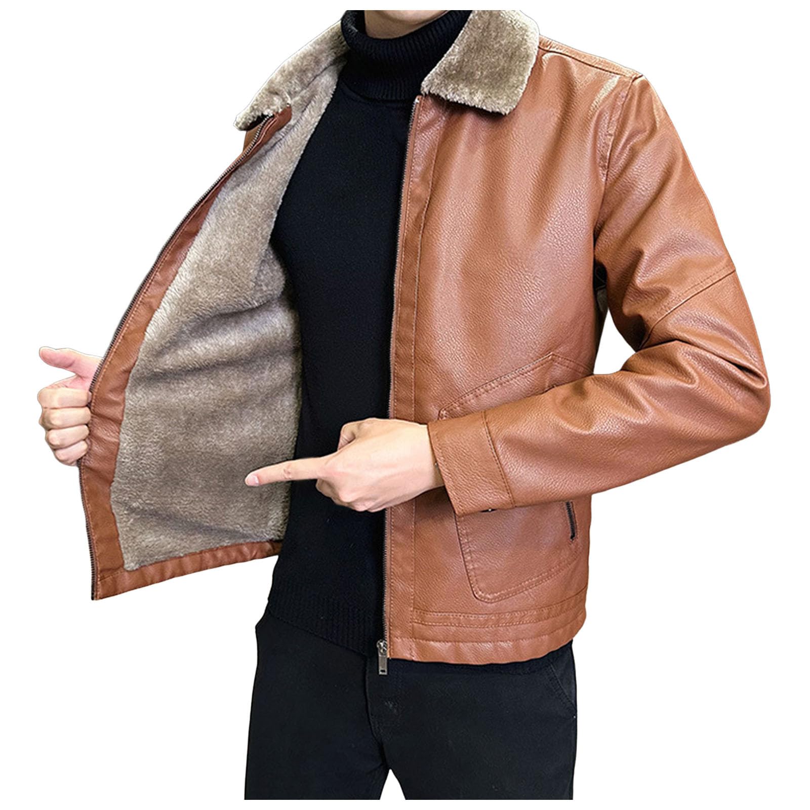 Générique Giacca da uomo a mezza stagione, in similpelle marrone, con colletto a patta e pelliccia interna con zip e tasche laterali, giacca da uomo primavera per caldo e abbigliamento casual, marrone