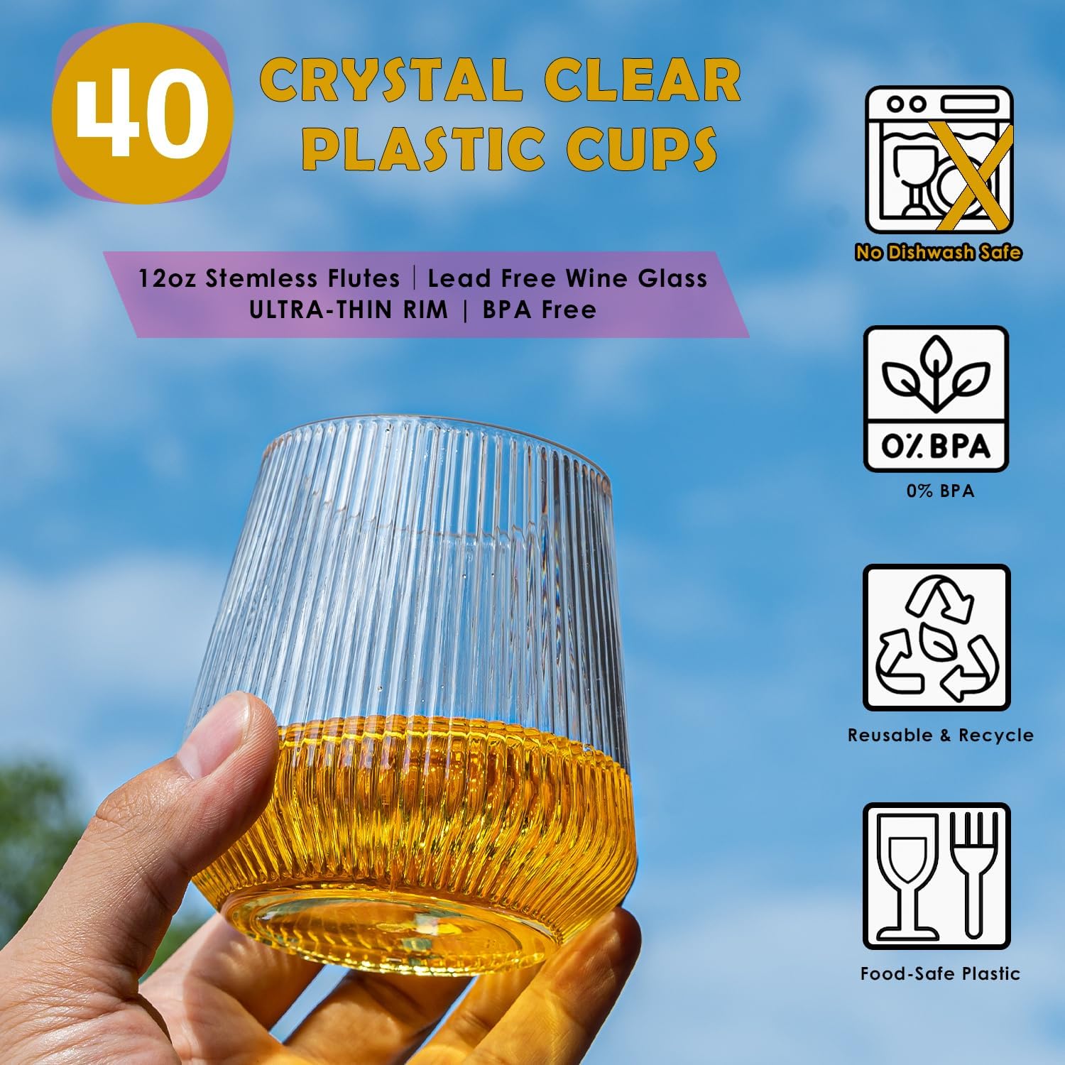 40-Pack Ribbed Plastic Wine Glasses Disposable, 12oz Squeeze-Resilient Crystal Clear Cups for Weddings Parties Events – Lightweight & Shatterproof BPA-Free Stemless Wine Glasses