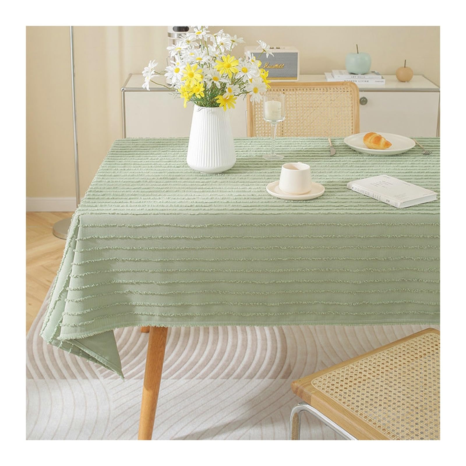 Nappe carrée en coton lin vert à rayures 135x135 cm pour décoration de table