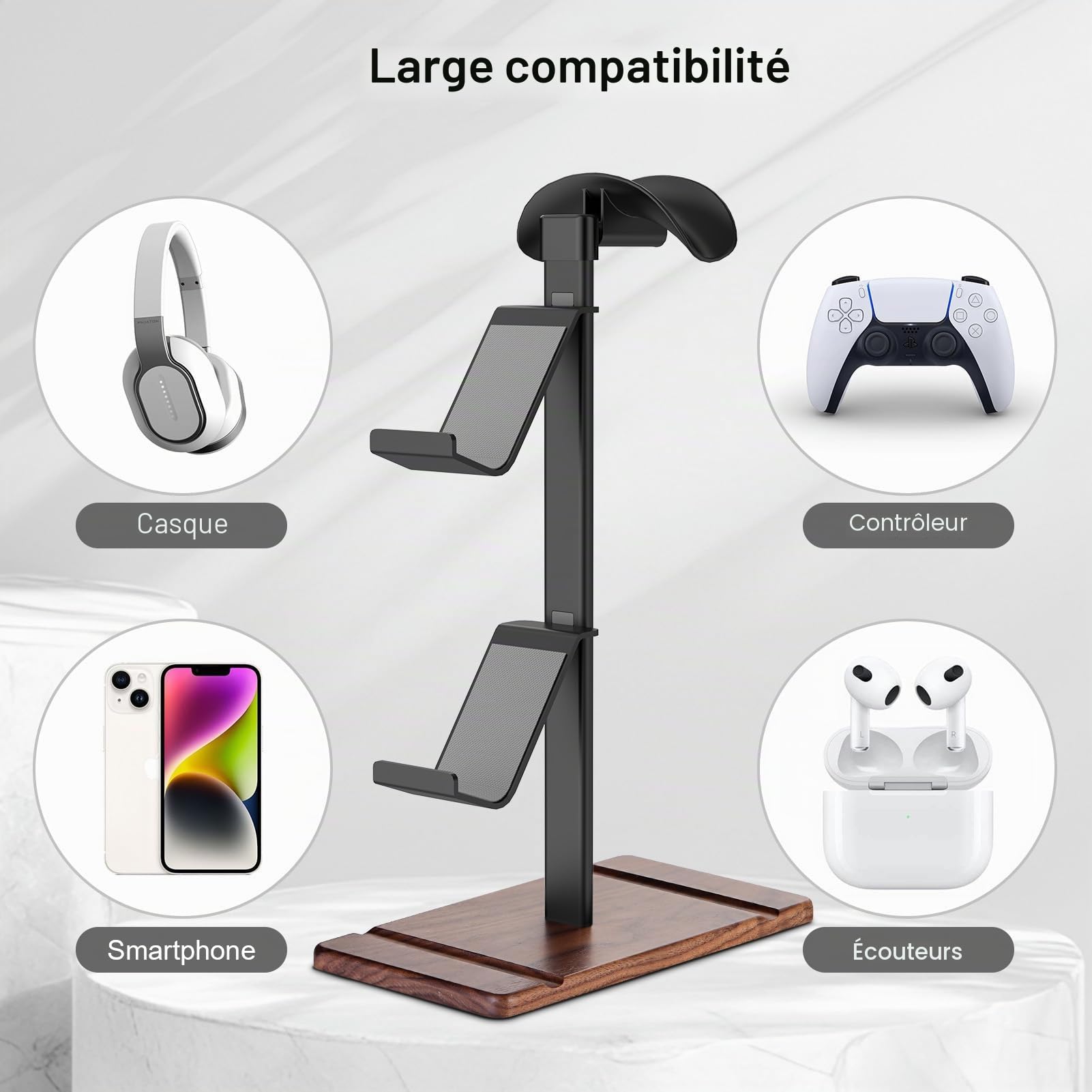 Support Manette, Support Casque en Bois de Noyer, Gamer Porte Manette pour Xbox PS5 PS4 Switch, Headset Stand, Accessoire Bureau Gaming