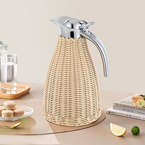 Miniatura 8 de Jarra térmica de café de acero inoxidable, 50 onzas1.5 L de ratán tejido, jarra de café aislada de doble pared al vacío, retención de calor frío de