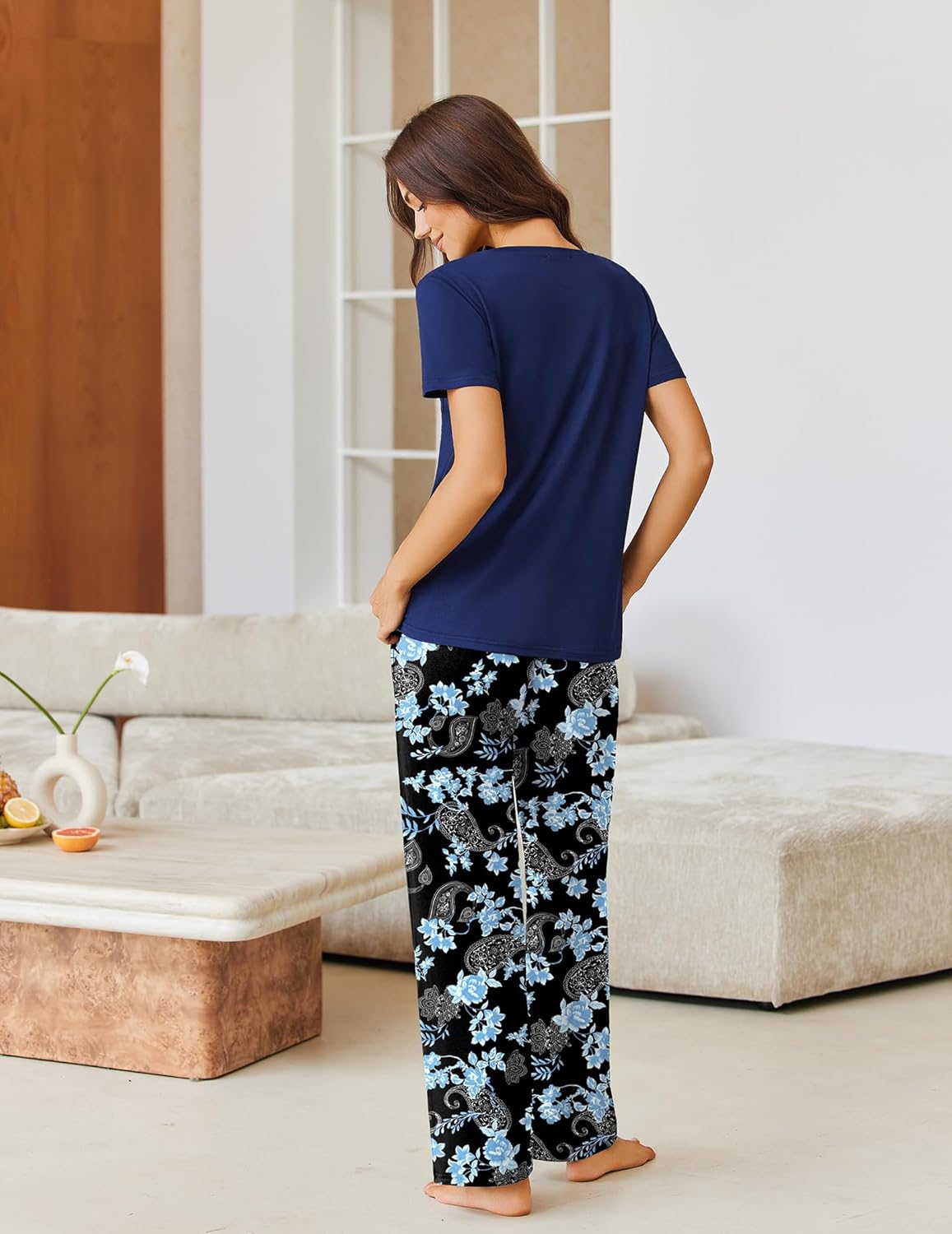 Ekouaer Pajama Sets for Women Short Sleeve Pj Set V Neck Sleepwear Chest Pocket with Long Pants Casual Loose Loungewear - Image 4